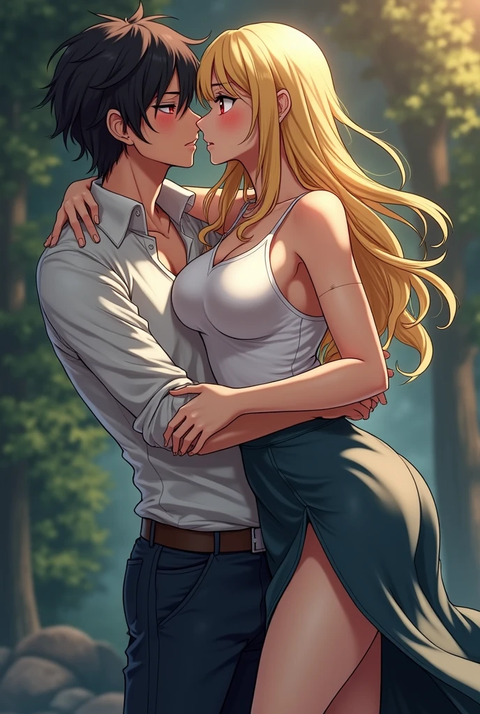 A muscular young man with black hair, wearing a white round-neck shirt and a black leather jacket over it, wearing blue jeans with a zipper down and an erect penis sticking out, black gloves, a black belt, and black combat boots, Having sex with a blonde woman wearing a white dress White dress and high heels In missionary position On the meadow in the forest, anime.