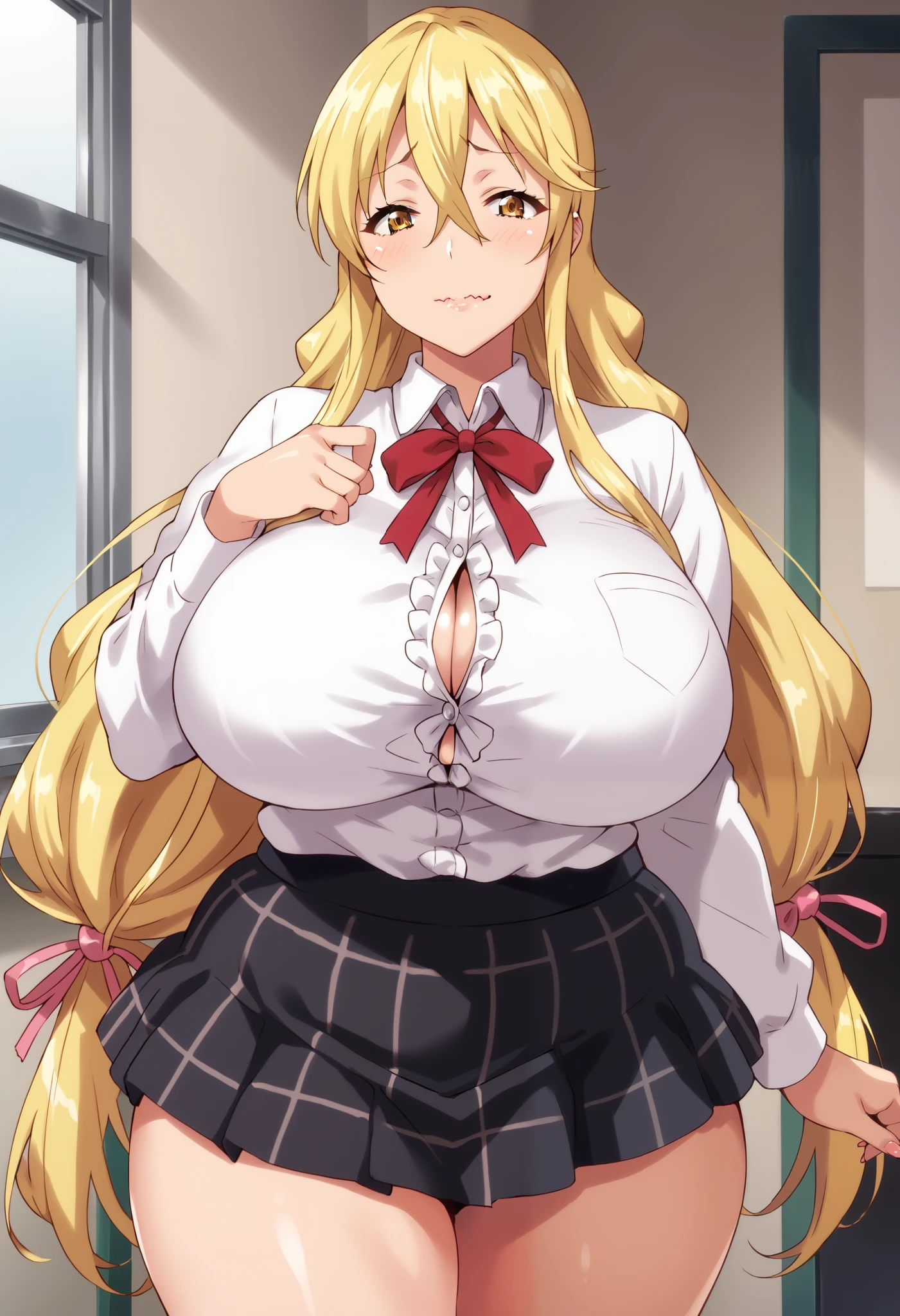 score_9, score_8_up, score_7_up, source_anime, slutty_clothes, gyaru,shizuka marikawa, long hair, blonde hair, very long hair, low-tied long hair, yellow eyes, hair between eyes, skirt, shirt, long sleeves, ribbon, white shirt, frills, centered frills, Masochist Busty Mom, gigantic breasts, wide hips, thick thighs, plump, puffy lips, wavy mouth, 