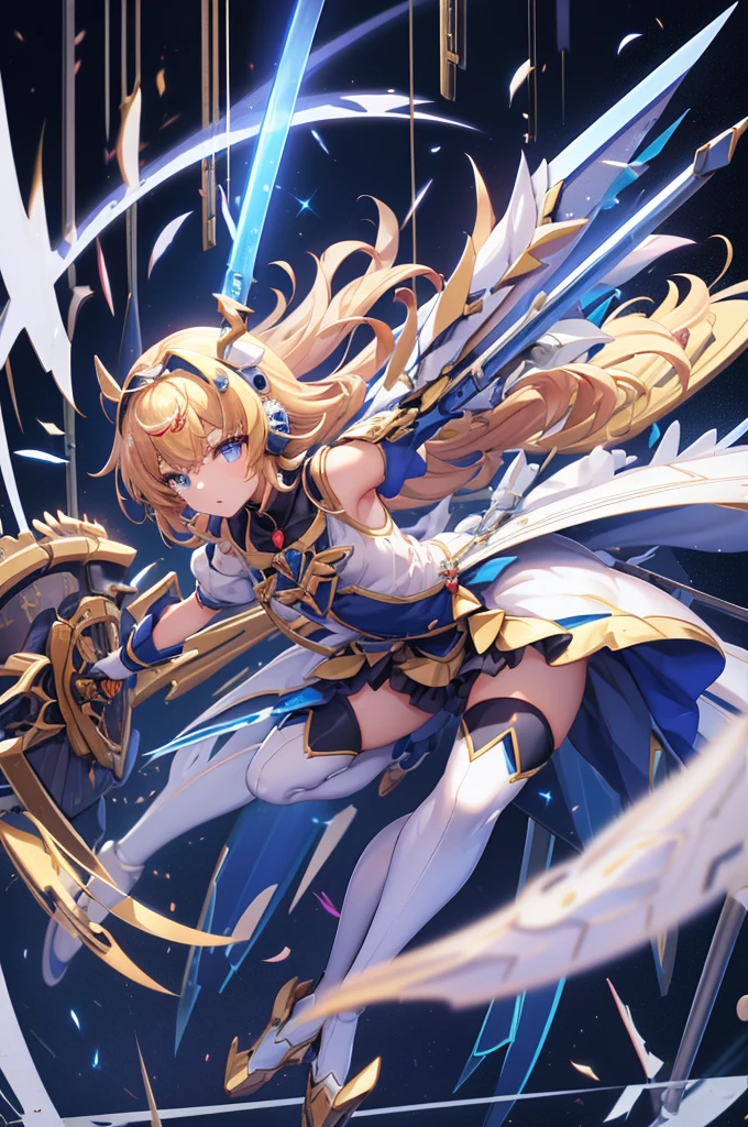 Rin々Funny face、mecha wing、Thighs、tights、chest、 shiny blond hair、 1 girl、 solo girl 、 headset 、mecha girl、White clothes、 light blue mini skirt、 has a sword、sword、 has a shield、shield、priestess