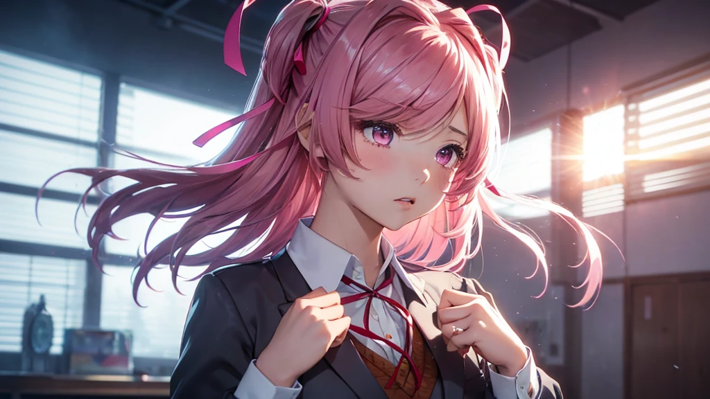 masterpiece, best quality, ultra-detailed, illustration, warm lighting, bright colors, 1girl,solo, long hair, very long hair, chifuyu, crossed arms, amused, sitting, office, office work,
action, ahoge, bangs, black_jacket, purple_eyes, breasts, pink_hair, brown_vest, buttons, closed_mouth, collared_shirt, double-breasted, dress_shirt, flower, gloves, hair_between_eyes, hair_flower, hair_ornament, hair_over_eyes, jacket, light_particles, long_sleeves, looking_at_viewer, necktie, plaid, plaid_skirt, pleated_skirt, ponytail, red_flower, red_necktie, red_rose, red_skirt, rose, shirt, skirt, thighhighs, vest, weapon, white_shirt, sangonomiya_kokomi,