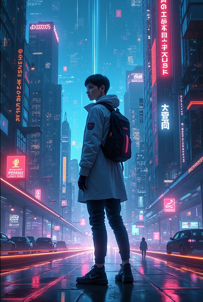 A young boy in urban clothing, standing on the edge of a rooftop overlooking a futuristic city. Neon lights and tall skyscrapers create a vibrant cityscape below him.