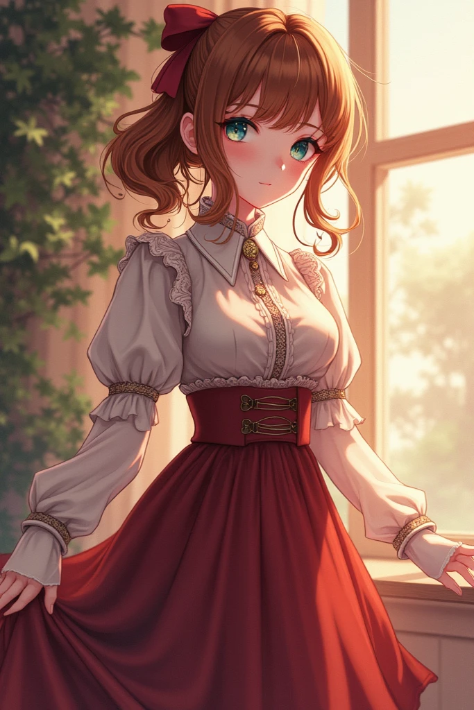 ((best quality)), ((masterpiece)), (detailed), painterly anime artwork, Victorian era Vintage style, masterpiece, fine details, breathtaking artwork, painterly art style, high quality, 8k, very detailed, high resolution, exquisite composition and lighting is an elegant, vintage-inspired anime character with a painterly art style. Her high-quality 8k resolution appearance is marked by fine details and exquisite composition. She has wavy chestnut hair that often catches the soft, warm lighting that seems to follow her. Her eyes, a deep blue hue, sparkle with intelligence and curiosity. Her skin is fair with a hint of peach, complementing her timeless beauty. She typically wears Victorian era outfits , high-collared blouse with intricate lace patterns and a long, flowing skirt that moves gracefully with her every step. A crimson ribbon ties her hair back, leaving a few loose strands to frame her face.