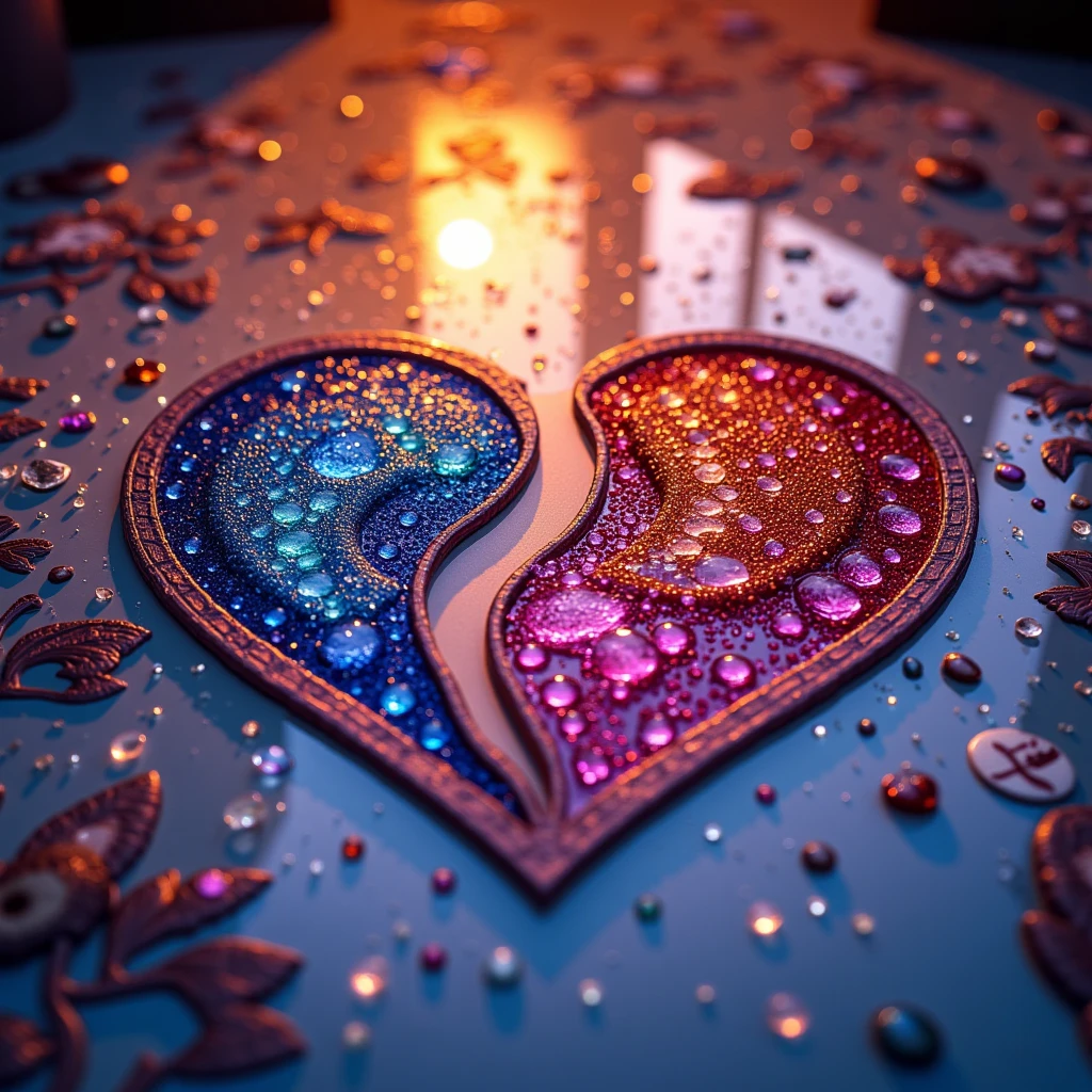  Heart-shaped Yin and Yang Divided into Two Parts Depicted on a Beautiful Porcelain Floor that reflects and sparkles, Abundance Colorful , bright colors,  Clear Detail , masterpiece, 8 k,  Complex Details ,  best quality , 