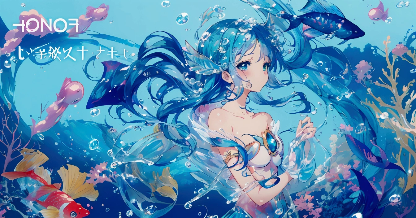  Anime illustration of mermaid with long hair and fish tail,   anime blue water wallpaper  ,  fantasy psychedelic anime ,  Bubbly underwater landscape ,  Detailed digital animation art ,   anime art wallpaper 4k  , 4k Anime Art Wallpaper ,  detailed anime art , Ocean Goddess, clean  detailed anime art , Yuumi Creation,  A Beautiful Art Illustration , Anime image illustration 