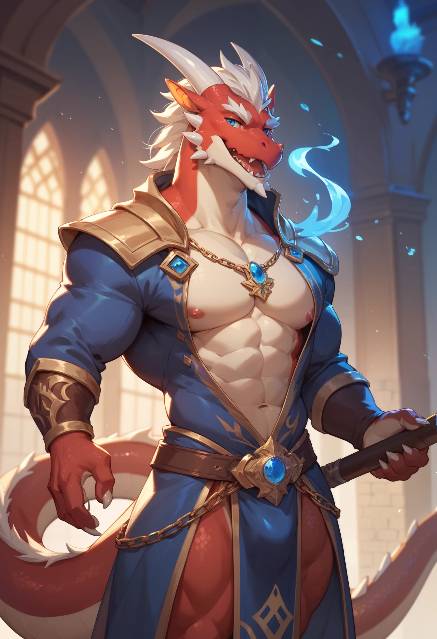 photography, {standing}, body armor, detailed, ultra realism shading, anthro, (dragon | red body | white hair), male, solo, kemono, ((rembrandt)), muscular, (partly armored), warrior, ornaments, mane hair, half body, {portrait}, medieval tarven, bodypaint,detailed eyes, barbarian, loincloth, dragon horn, dragon tail, indoors, bar desk