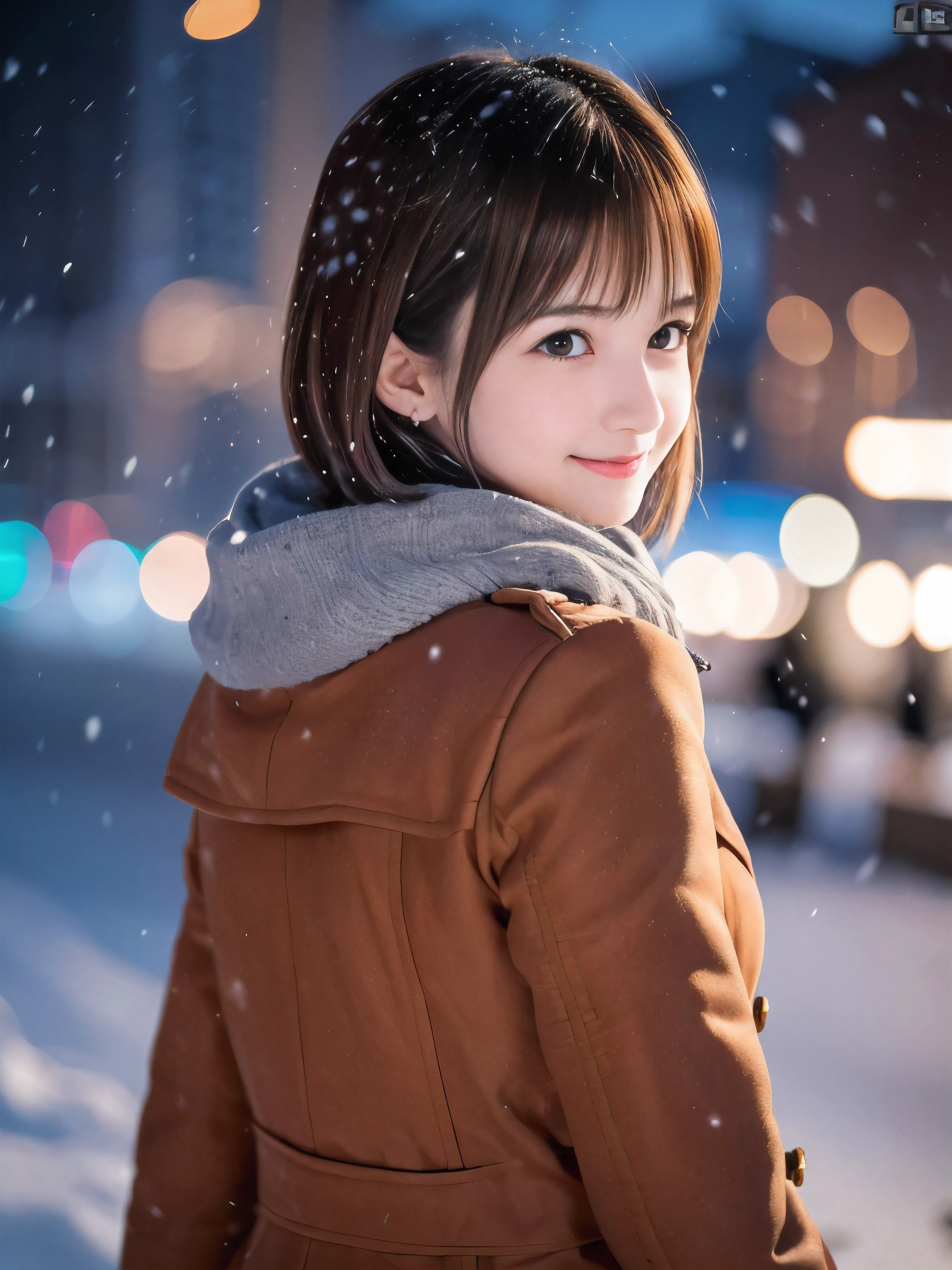 (Close-up face shot of one slender small breasts round face brown short hair with bangs girl in a winter long coat and scarf:1.5)、(One girl is looking back with crying little smile face:1.5)、(Very beautiful Christmas illumination night:1.5)、(Heavy snowing night:1.5)、(blurred background:1.5)、(Natural light:1.5)、(8k ultra detailed master piece:1.5)、(perfect anatomy:1.5)、(Photorealistic stick:1.5)、(Raw photo:1.3)、(highest quality:1.5)、(High resolution:1.3)、(Delicate and beautiful perfect face:1.3)、(Delicate and beautiful eye air skin:1.3)、(Real Human Skin:1.3)、((thin legs))