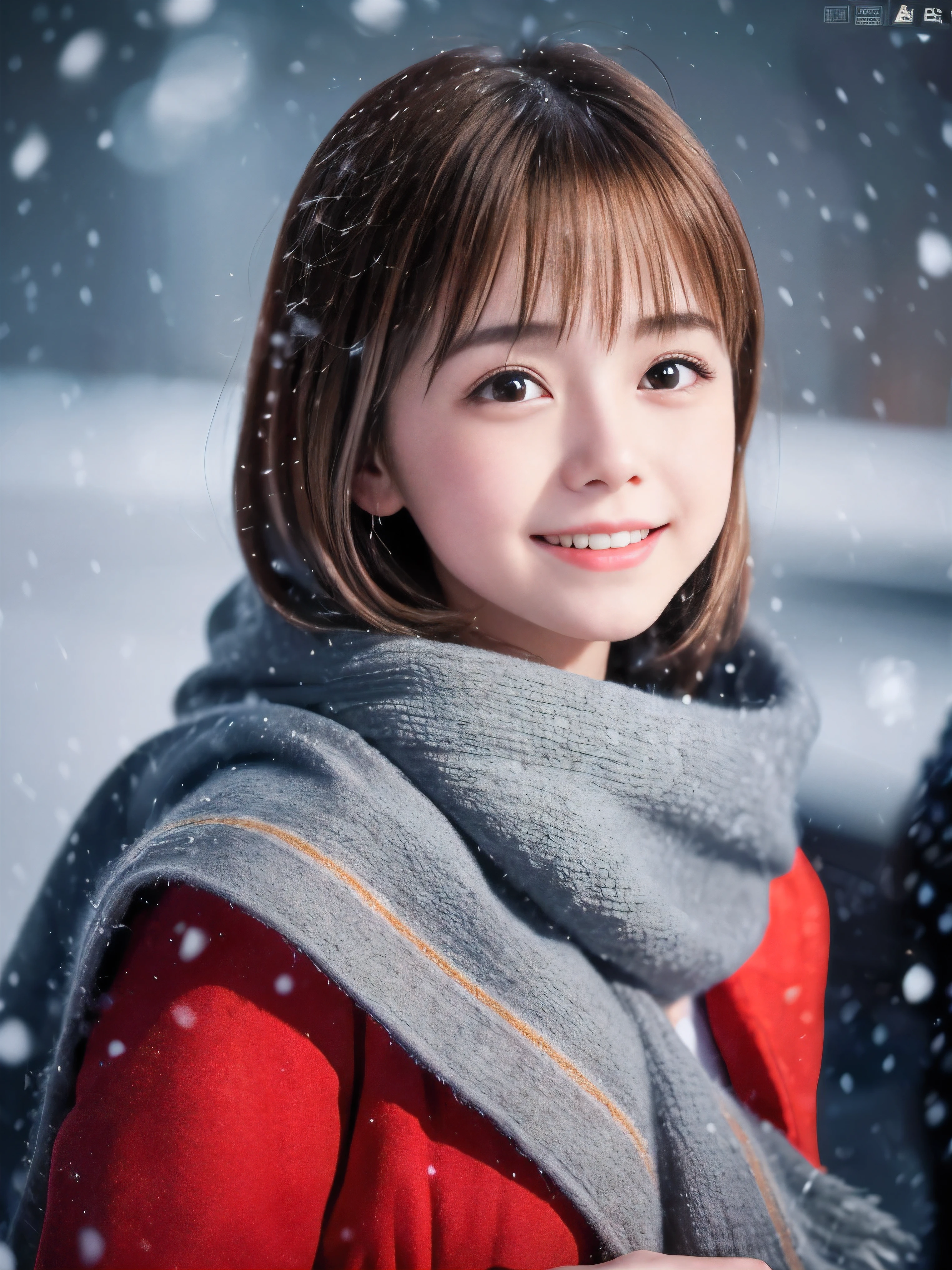 (Close-up face shot of one slender small breasts round face brown short hair with bangs girl in a winter long coat and scarf:1.5)、(One girl is looking back with crying little smile face:1.5)、(Very beautiful Christmas illumination night:1.5)、(Heavy snowing night:1.5)、(blurred background:1.5)、(Natural light:1.5)、(8k ultra detailed master piece:1.5)、(perfect anatomy:1.5)、(Photorealistic stick:1.5)、(Raw photo:1.3)、(highest quality:1.5)、(High resolution:1.3)、(Delicate and beautiful perfect face:1.3)、(Delicate and beautiful eye air skin:1.3)、(Real Human Skin:1.3)、((thin legs))