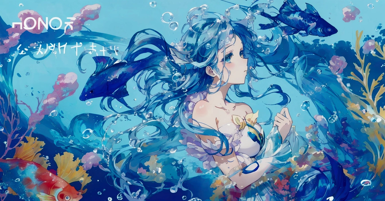  Anime illustration of mermaid with long hair and fish tail,   anime blue water wallpaper  ,  fantasy psychedelic anime ,  Bubbly underwater landscape ,  Detailed digital animation art ,   anime art wallpaper 4k  , 4k Anime Art Wallpaper ,  detailed anime art , Ocean Goddess, clean  detailed anime art , Yuumi Creation,  A Beautiful Art Illustration , Anime image illustration 