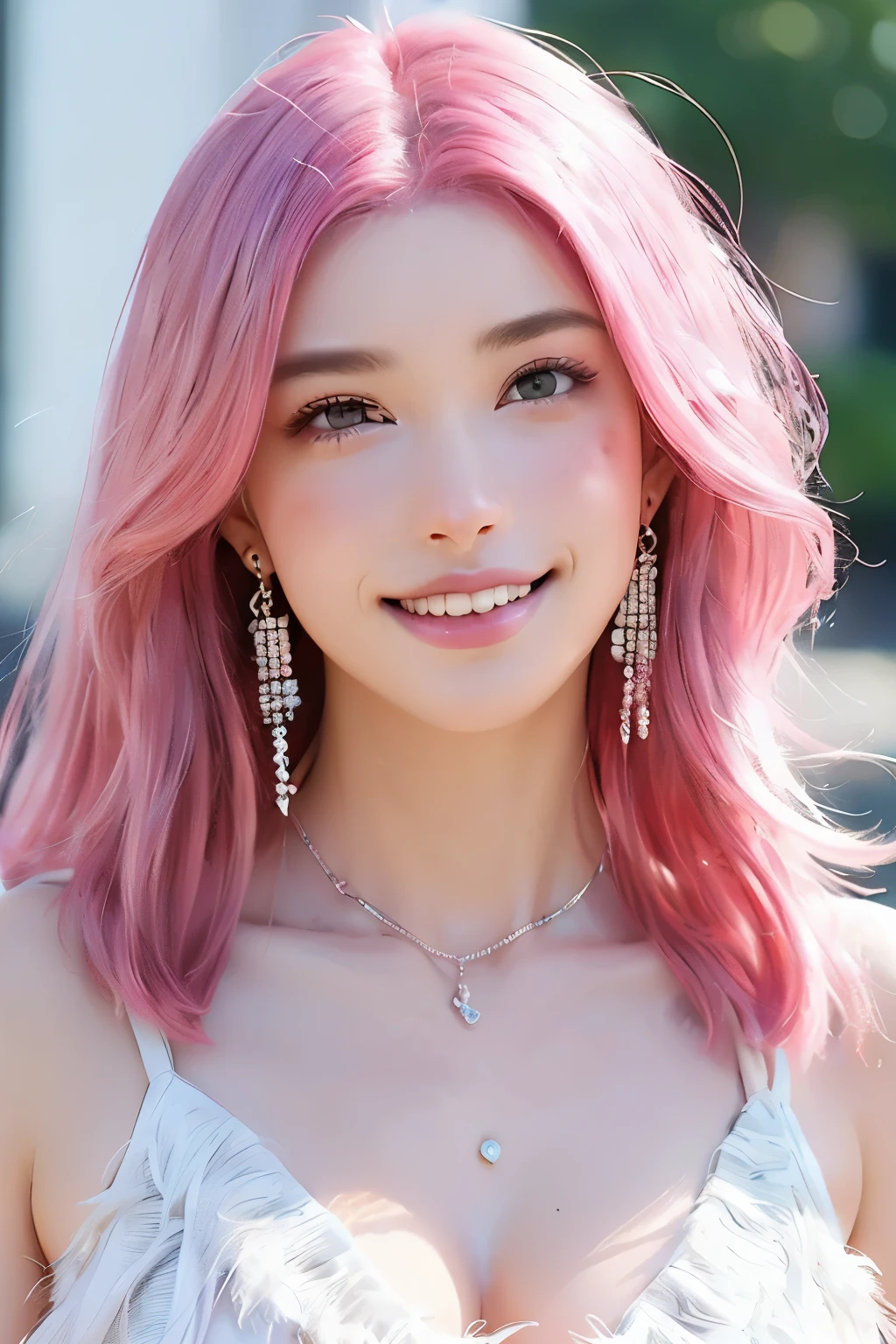 (extra detailed body、extra detailed face、best qualtiy:1.2)、femele、looking at the viewers、(A pink-haired、a smile、Earrings of feathers up to the shoulders、a necklace、near future)、(Oval pink building、art by)
