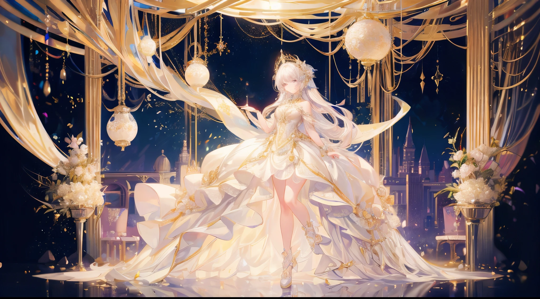  girl is wearing a spectacular white and gold ball gown、Very beautiful photos,Big beautiful dress,  super beautiful photo of a girl in a 、Intricate puffy ball gown,  debris flies,  Art Station ,  fantasy art:1.2), Palace Room,  Beautiful Pretty Girl , (Long Hair:1.2), (Intricate gold short skirt 1 .2,   full body shot )