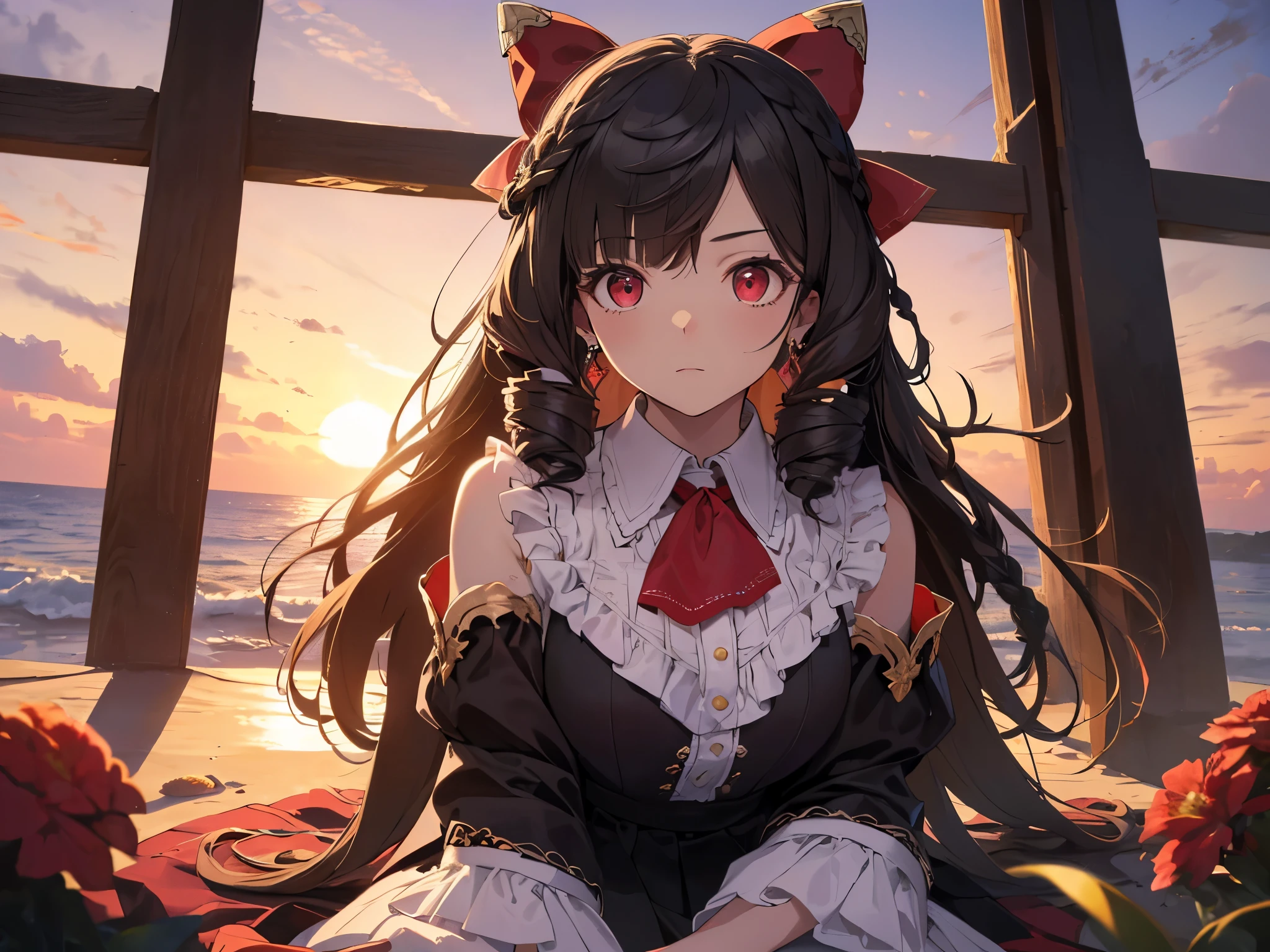 Solo, 1 girl, (human ears, earrings), (red eyes, young face, figure, flat chest), (black hair, vertical rolls, long hair, hair tied in a big red ribbon, flower in bangs), (yandere expression), (laying face on air mattress, hands on head, looking at camera), (black casual dress with ruffled sleeves, black skirt with ruffled skirt), (sunset sky, sunset sun, evening sky, beachside), (focus on chest, oblique angle), (high resolution, masterpiece, accurate, anatomically correct, multiple awards, top quality, detailed, high quality model, high quality, retina, highly detailed, textured skin, ultra high resolution).