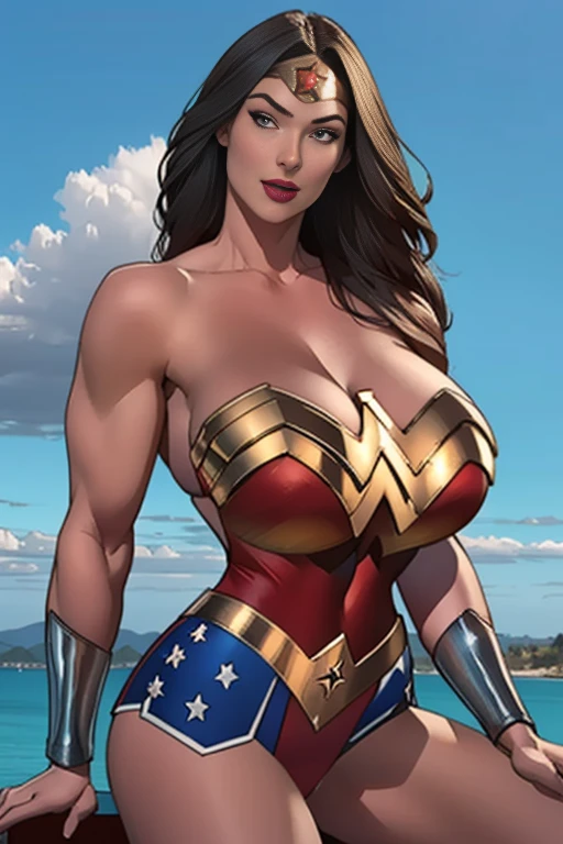 (High-definition CG), (   best quality ), (High-definition CG), (   best quality ), (Overall view)  cool and handsome face   ,   Wonder Woman costume    ,      beautiful and sexy young woman , 18 years old,       Toned and Muscular     ,  with a cool and handsome face   ,   sharp eye, Big Breasts, 