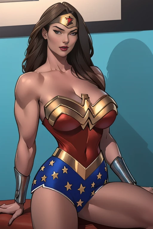 (High-definition CG), (   best quality ), (High-definition CG), (   best quality ), (Overall view)  cool and handsome face   ,   Wonder Woman costume    ,      beautiful and sexy young woman , 18 years old,       Toned and Muscular     ,  with a cool and handsome face   ,   sharp eye, Big Breasts, 