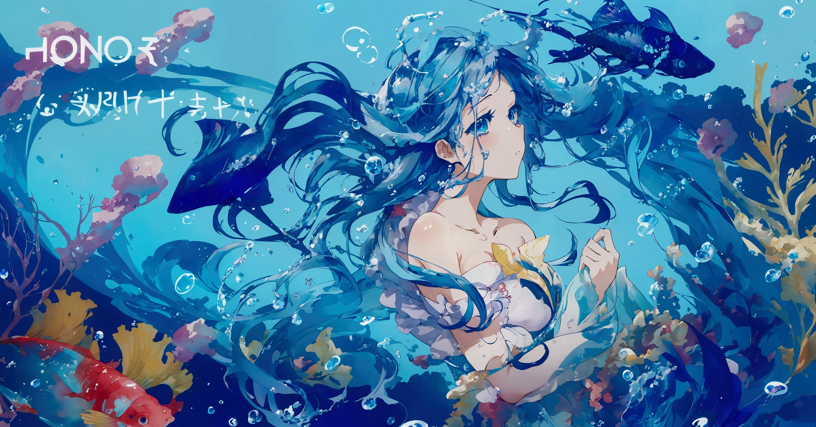  Anime illustration of mermaid with long hair and fish tail,   anime blue water wallpaper  ,  fantasy psychedelic anime ,  Bubbly underwater landscape ,  Detailed digital animation art ,   anime art wallpaper 4k  , 4k Anime Art Wallpaper ,  detailed anime art , Ocean Goddess, clean  detailed anime art , Yuumi Creation,  A Beautiful Art Illustration , Anime image illustration 