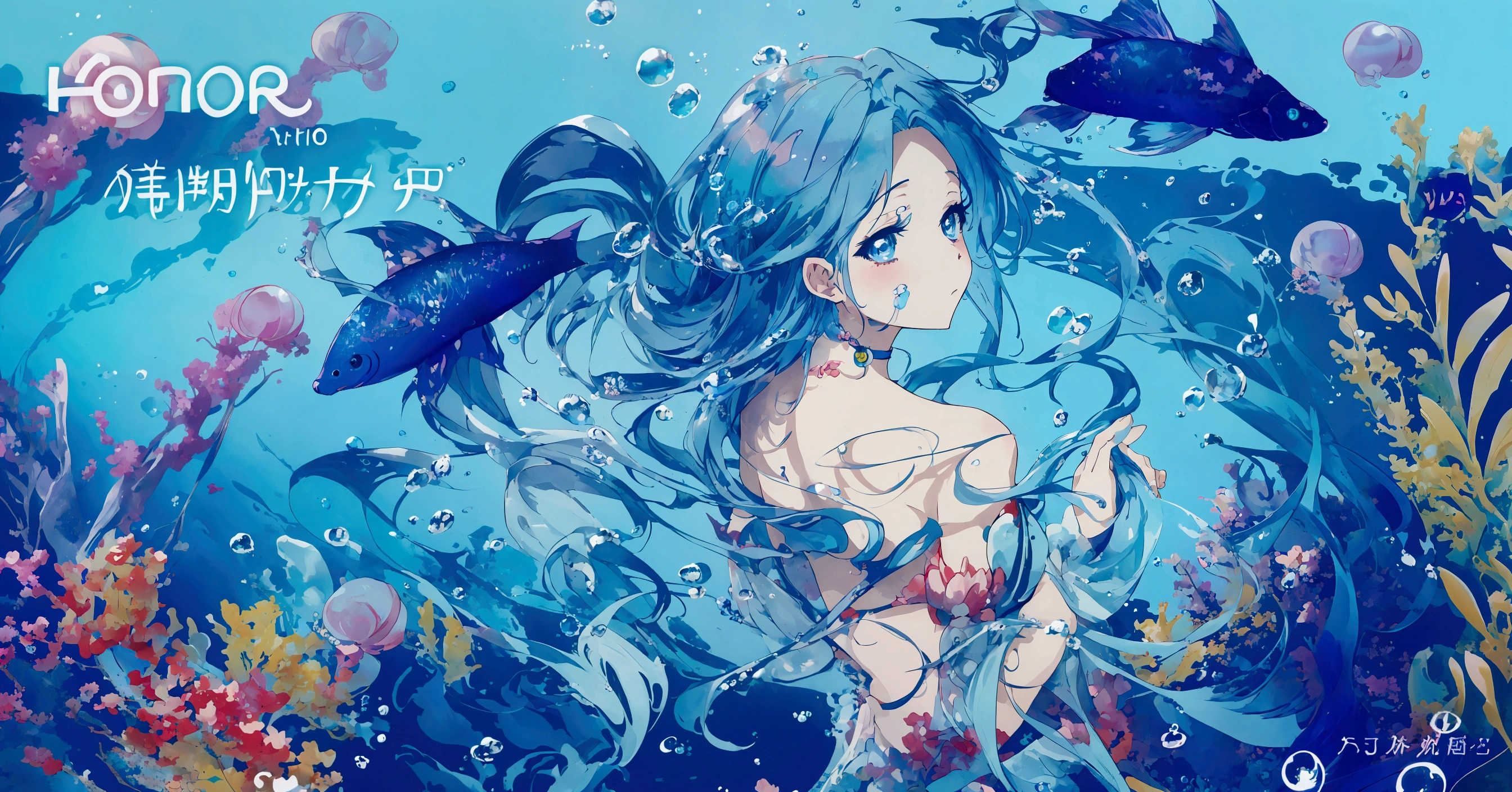  Anime illustration of mermaid with long hair and fish tail,   anime blue water wallpaper  ,  fantasy psychedelic anime ,  Bubbly underwater landscape ,  Detailed digital animation art ,   anime art wallpaper 4k  , 4k Anime Art Wallpaper ,  detailed anime art , Ocean Goddess, clean  detailed anime art , Yuumi Creation,  A Beautiful Art Illustration , Anime image illustration 