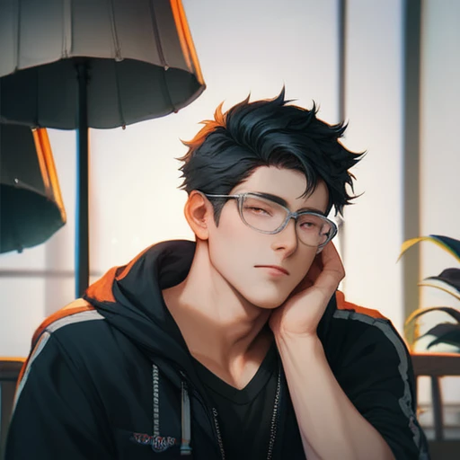 one Boy，black hair， with fluffy soft hair ， Medium or Side ， Silver Frame Glasses，single eyelid，Around 25 years old 