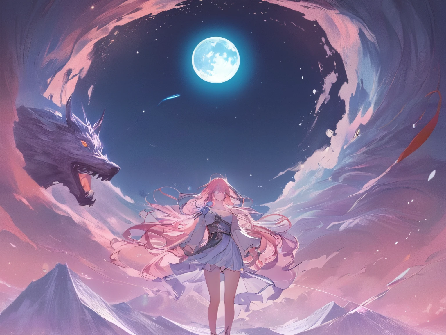 (Halftone, front lighting, vivid color)),
Pastel colors,
((Highly detailed beautiful woman, detailed facial expression, detailed eyes)),
Pink hair,
(((Pale shades, pastel colors))),
Late night,
Fantasy, Rome, Greece, Sparta, Viking, Berserker, Dragon, Beast, Meteor, Full moon, Wolf,
Landscape seen from a distance, Full body