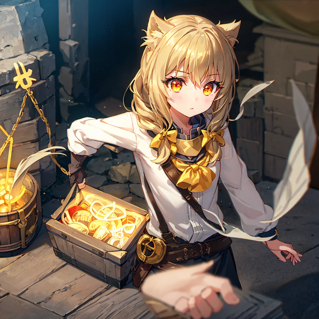 Gray world, bandit-like cute girl opening treasure chest, girl's eyes are money symbols, golden light leaking from treasure chest, girl's outline glows in neon, humorous scene,