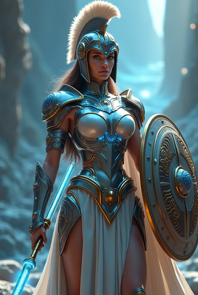 Female spartan warrior wearing intricate full body armored made out of Diamonds, armour pants, armour long sleeve top, with a spartan helmet, she's got one hand holding a beautiful extremely carved shield and she holds up her golden handle sword up in the air as she tells "charge!", dusty, shallow depth of field, cinematic light, soft light (RAW, analogue, Nikon Z 14mm ultra-wide angle lens, award-winning glamour photograph, ((best quality)), ((masterpiece)), ((realistic)), tessellation, ambient occlusion, ray-tracing, subsurface scattering, radiant light rays, high-res, detailed facial features, high detail, sharp focus, smooth, aesthetic, extremely detailed, (extremely detailed eyes, extremely detailed iris), extremely detailed hair, extremely detailed skin, extremely detailed clothes, octane render, photorealistic, realistic, post-processing, max detail, realistic shadows, roughness, natural skin texture, real life, ultra-realistic, photorealism, photography, 8k UHD, photography, hdr, intricate, elegant, highly detailed, sharp focus, stunning, beautiful, gorgeous), 8k, intricate, elegant, highly detailed, majestic, digital photography, (masterpiece, sidelighting, finely detailed beautiful eyes: 1.2), HDR, wide angle camera, full portrait, full body