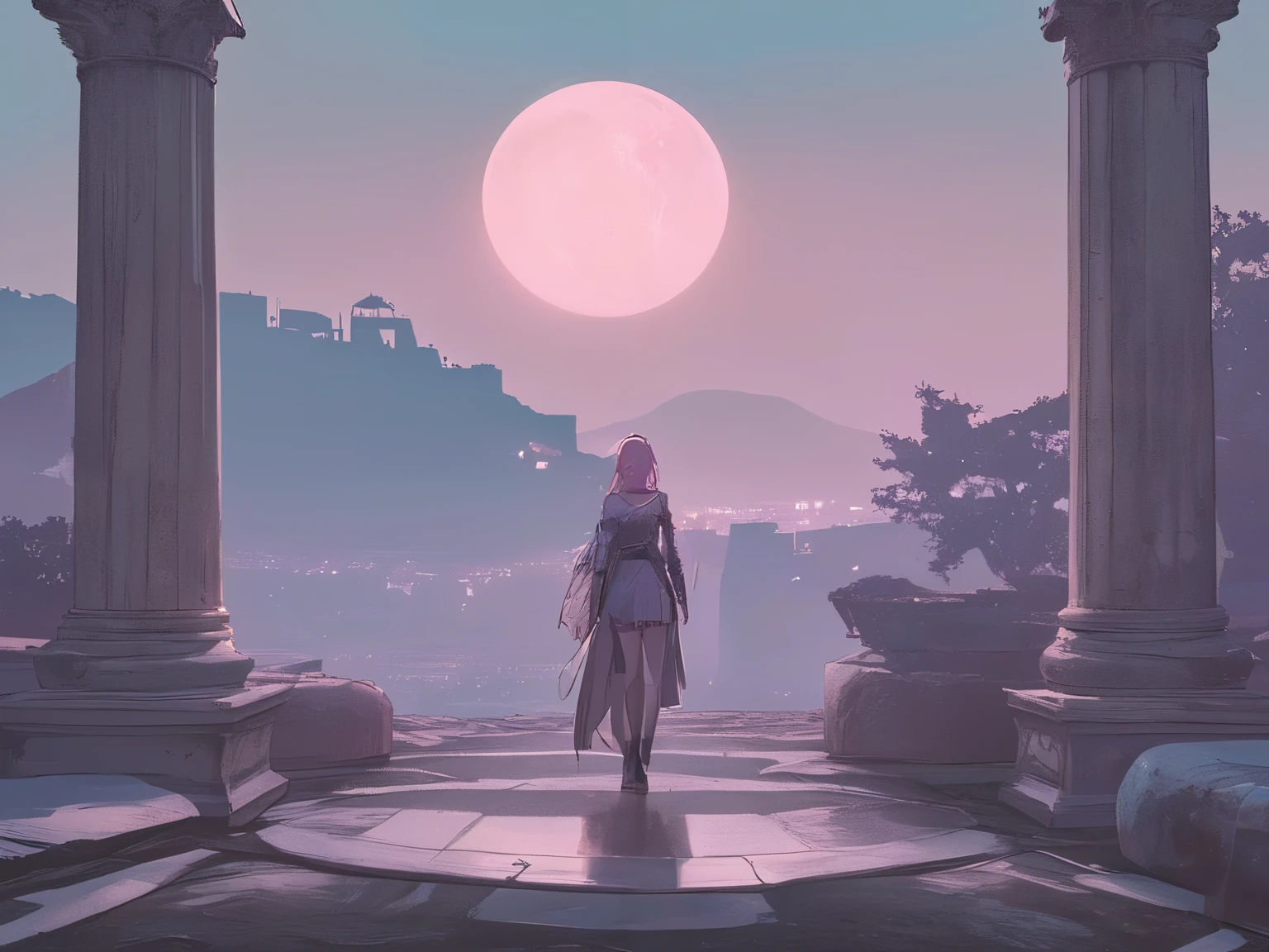 (Halftone, front lighting, vivid color)),
Pastel colors,
((Highly detailed beautiful woman, detailed facial expression, detailed eyes)),
Pink hair,
(((Pale shades, pastel colors))),
Late night,
Fantasy, Rome, Greece, Sparta, Viking, Berserker,
Landscape seen from a distance, full body