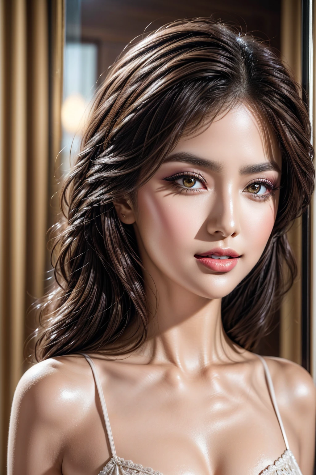 photorealism 16K realism, (Hyper-realistic proportional body, anatomically correct:1.3), ((ultra-fine digital art)), ((intricately detailed beautiful face)), (light pale complexion)), BREAK, (small round head), (high detailed realistic Super beautiful slim and sharp-face), (best highest detailed realistic black_eyes:1.28), ((super realistic sharp-eyes:1.2)), (tired and sleepy and satisfied:0.0), ((close up of a woman's eyes)), perfect round eyes, finely detailed pupils,BREAK, detailed lips:1.3, pink_makeup:1.2, (long_blue_eyeliner:1.2), (red_lipstick:1.2), ((perfect dark_eyeshadows:1.25)), (super detailed professional makeup on eyes:1.25), (Detailed nose:1.25), (best high quality real texture skin:1.3), stunning beautiful girl, 25 yo, detailed skin, beautiful shinning long luscious hair, strands of hair flaoting in air, hair updo, hair, delicate facial features, detailed glossy eyes and pupils, detailed shinning natural hairs, detailed sharp nose, detailed white glistening teeth, perfect symmetrical face, detailed natural perfect breasts, graceful pose, soft lighting, artistic painting, vibrant colors, ethereal atmosphere, ((2 Great stars shine:1.3)), mesmerizing gaze, flawless complexion, enchanting beauty, surreal background, solo, looking at viewer, bangs, (beautiful modern fashionable designer yellow,blue and red combination dress), earrings and necklace, cute smile, upper body, indoors, frills, night time, perfect lighting, luxurious living room, sofa, looking at the viewer, lips,
