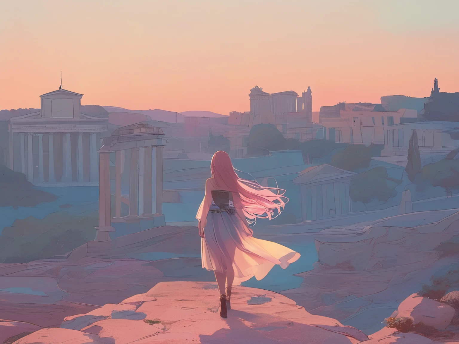 (Halftone, front lighting, vivid color)),
Pastel colors,
((Highly detailed beautiful woman, detailed facial expression, detailed eyes)),
Pink hair,
(((Pale shades, pastel colors))),
Late night,
Fantasy, Rome, Greece, Sparta, Viking, Berserker,
Landscape seen from a distance, full body