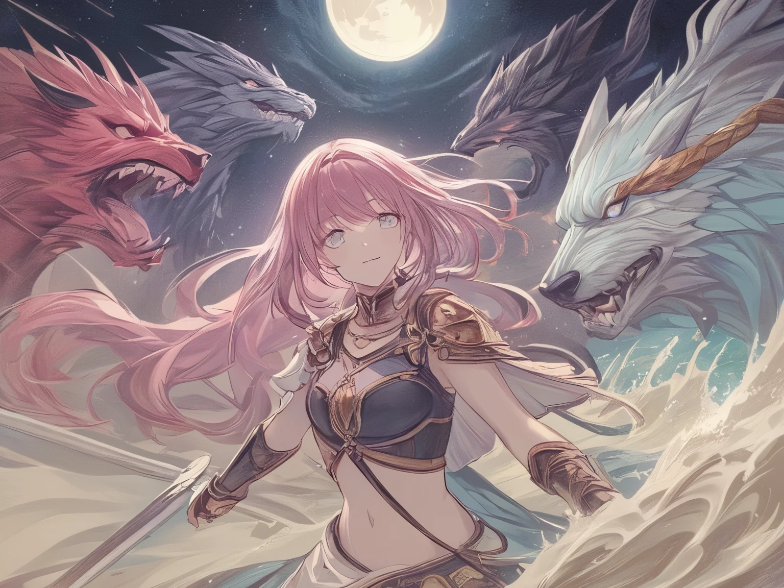 (Halftone, front lighting, vivid color)),
Pastel colors,
((Highly detailed beautiful woman, detailed facial expression, detailed eyes, precisely drawn face)),
Pink hair,
(((Pale shades, pastel colors))),
Late night,
Fantasy, Rome, Greece, Sparta, Viking, Berserker, Dragon, Warrior, War, Sword, Beast, Meteor, Full moon, Wolf,
Slash, Speed, Full body, Sea, Waves