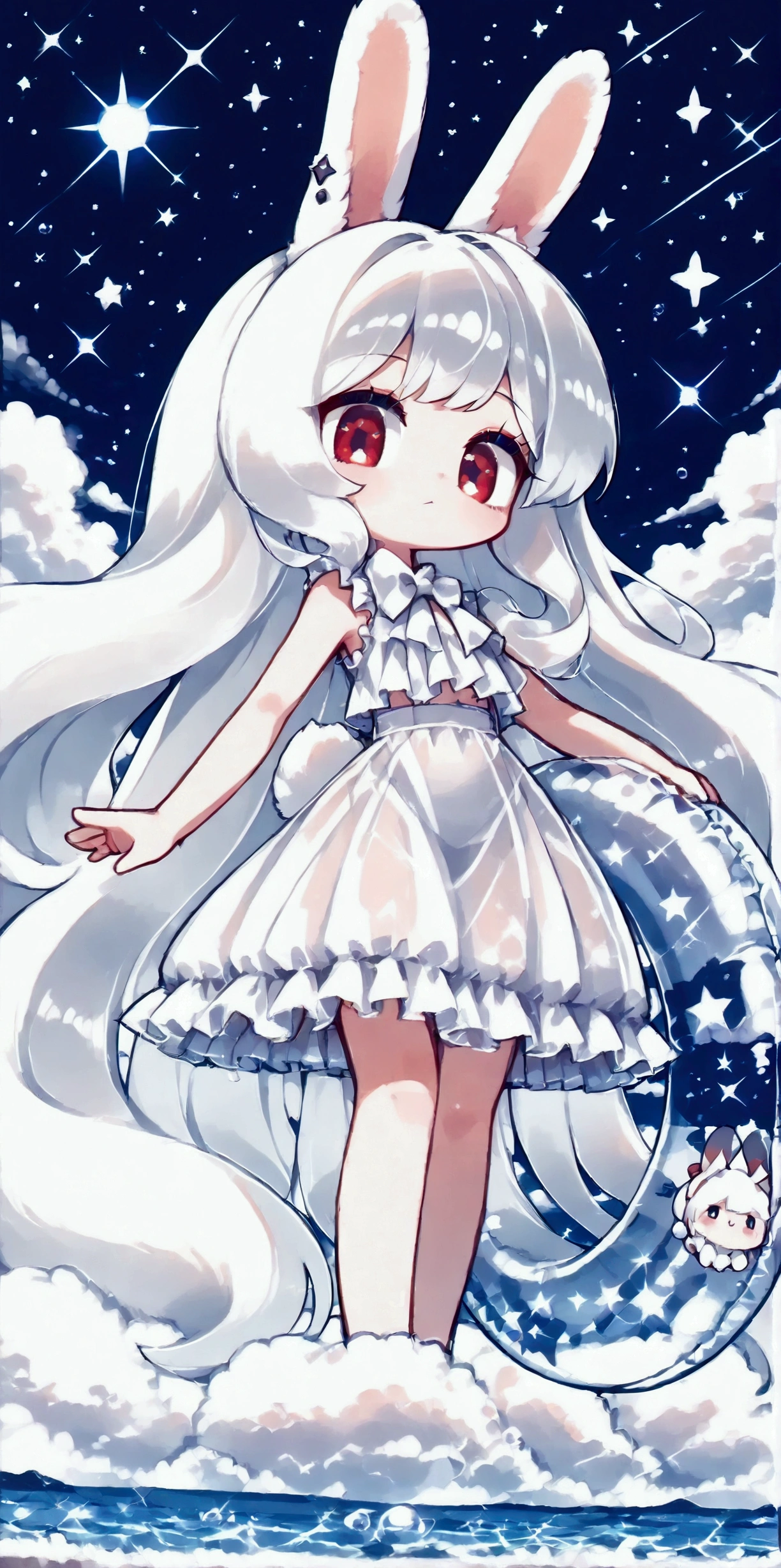 solo,1girl\((chibi:1.3),cute,kawaii,(white hair:1.7),(very long hair:1.7),bangs,(ear\(fluffy white bunny-ear\):1.4),(red eye),big eye,beautiful shiny eye,skin color white,big hairbow,(white frilled dress:1.3),breast,white rabbit tail at hip,\) (sit on (bubble:1.3)\(huge,gigantic, elasticity,soft,beautiful,shining in vivid cosmic color,(transparent:1.3),(float in sky:1.4)\):1.5) . BREAK .background\(night sky,stars, calescent-moon\). BREAK .quality\(8k,wallpaper of extremely detailed CG unit, high resolution, top-quality, top-quality real texture skin, hyper realistic, increase the resolution, RAW photos, best quality, highly detailed, the wallpaper, golden ratio, high saturation realism, vibrant colors, dramatic lighting, persuasive storytelling, atmospheric scenery, captivating visuals, intricate details, strong emotions, dreamlike world\),(from below),(longshot:1.3),(dynamic angle:1.2),landscape