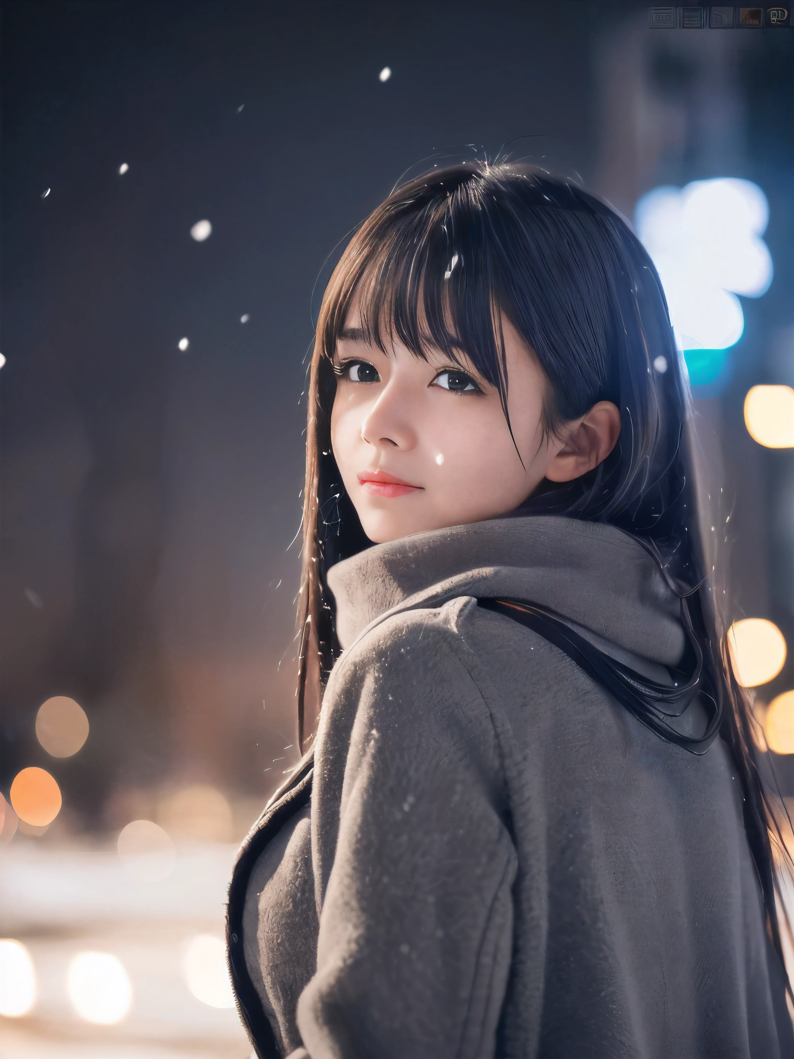 (Close-up face shot of one slender small breasts dark silver long hair with swept bangs girl in a winter long coat and  scarf:1.5)、(One girl is looking back with crying face:1.5)、(Very beautiful Christmas illumination night:1.5)、(Heavy snowing night:1.5)、(blurred background:1.5)、(Natural light:1.5)、(8k ultra detailed master piece:1.5)、(perfect anatomy:1.5)、(Photorealistic stick:1.5)、(Raw photo:1.3)、(highest quality:1.5)、(High resolution:1.3)、(Delicate and beautiful perfect face:1.3)、(Delicate and beautiful eye air skin:1.3)、(Real Human Skin:1.3)、((thin legs))