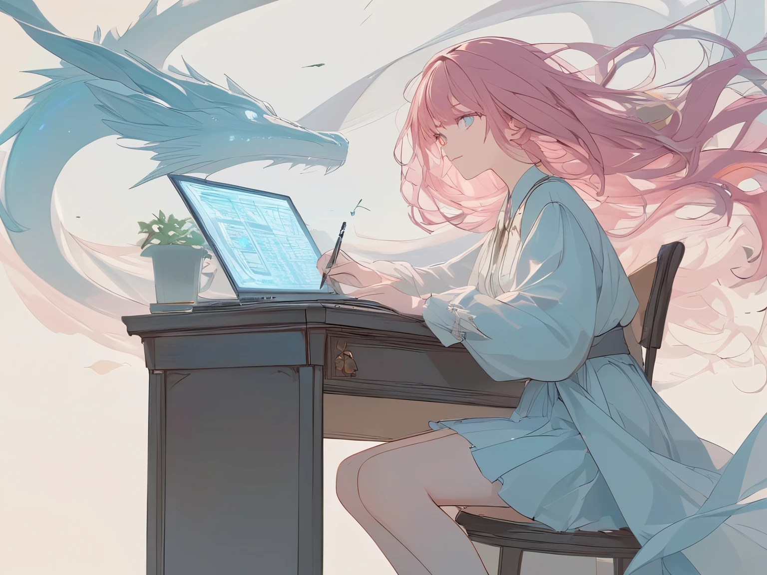 (Halftone, front lighting, vivid color)),
Pastel colors,
((Highly detailed beautiful adult woman, detailed facial expression, detailed eyes)),
((Face drawn precisely, whole body)),
Pink hair,
Writing a manuscript at a desk,
Typing on a laptop,
((Pale colors, pastel colors)),
Years, 30 years, growth, history, life, years,
Wind, flow,
A dragon with a gentle face