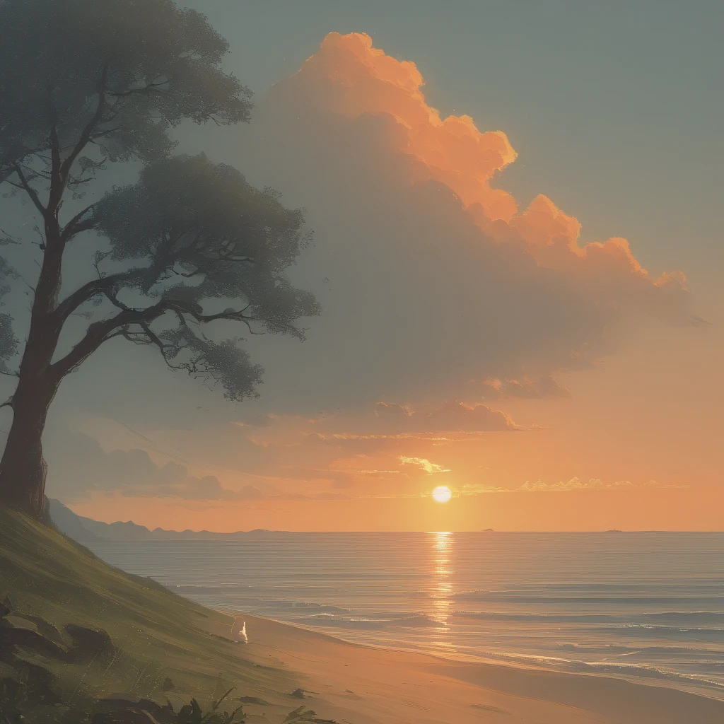 Ghibli anime style, white cat on its back looking at the horizon, background being a beach with sunrise