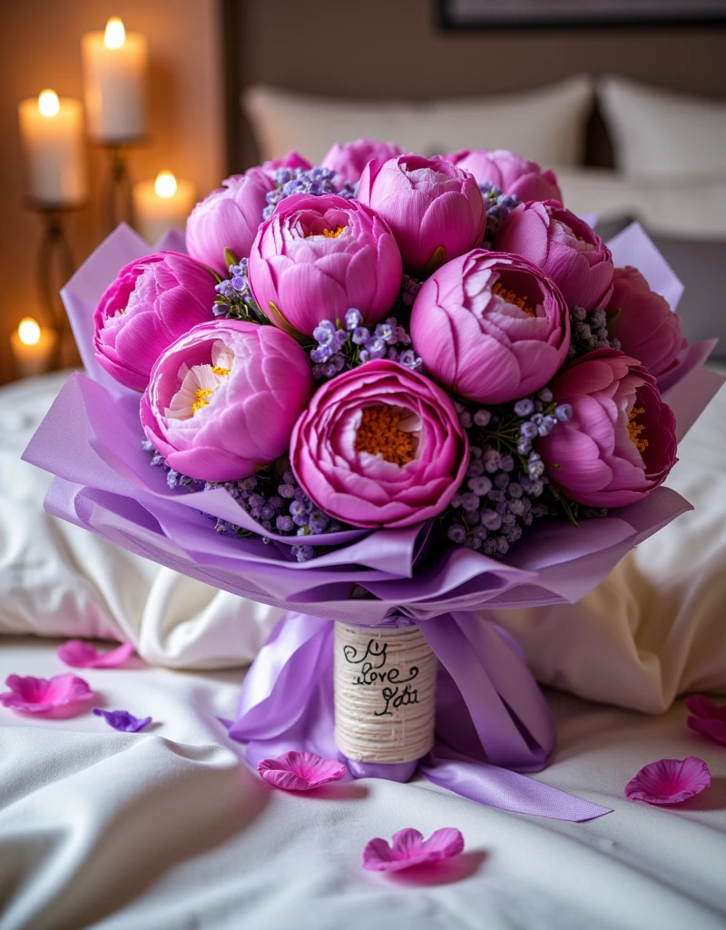  A bright Bouquet of Flowers in a Beautiful Wrap Peonies Purple and Pink, A large bouquet with a Bandaged Ribbon with a bow , I Love You inscription on the Graffiti Ribbon Calligraphy in Beautiful Font,  An exquisite bouquet Lies on a Beautiful White Blanket on the Bed ,  Candles are burning and the Petals are scattered at night , 8 k,  Complex Details , bright colors,  best quality ,  Maximum Quality, masterpiece,