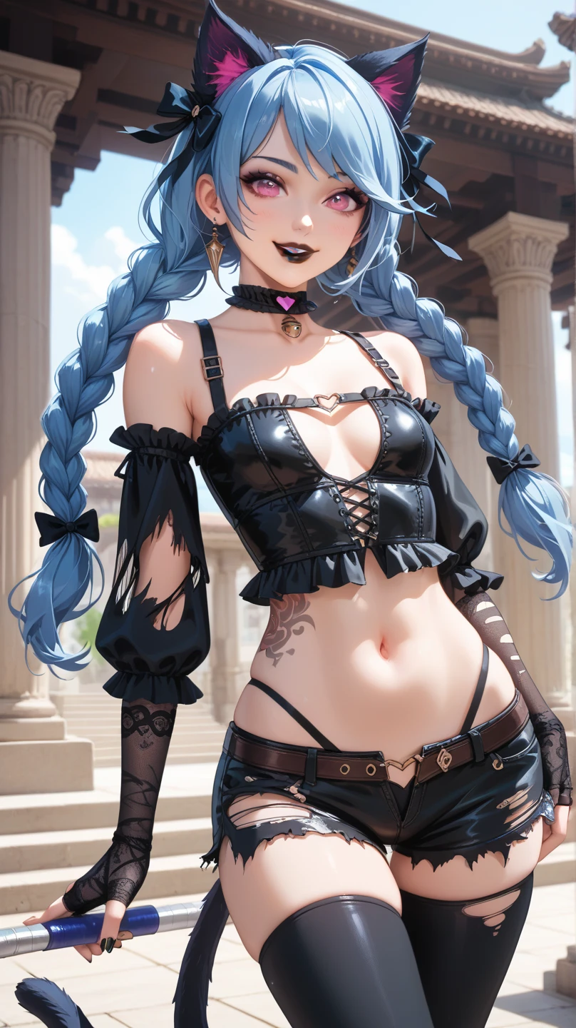 ((Highest quality)), ((masterpiece)), (detailed), One person,long hair,bluehair,navy eyes,beauty,ponytail,Slanted Eyes、Bad look in the eyes,アニメ,game cg,shiny skin,huge breasts,large breasts,,child, very long hair、Tank top,blouse,,evil smile,holding magical staff