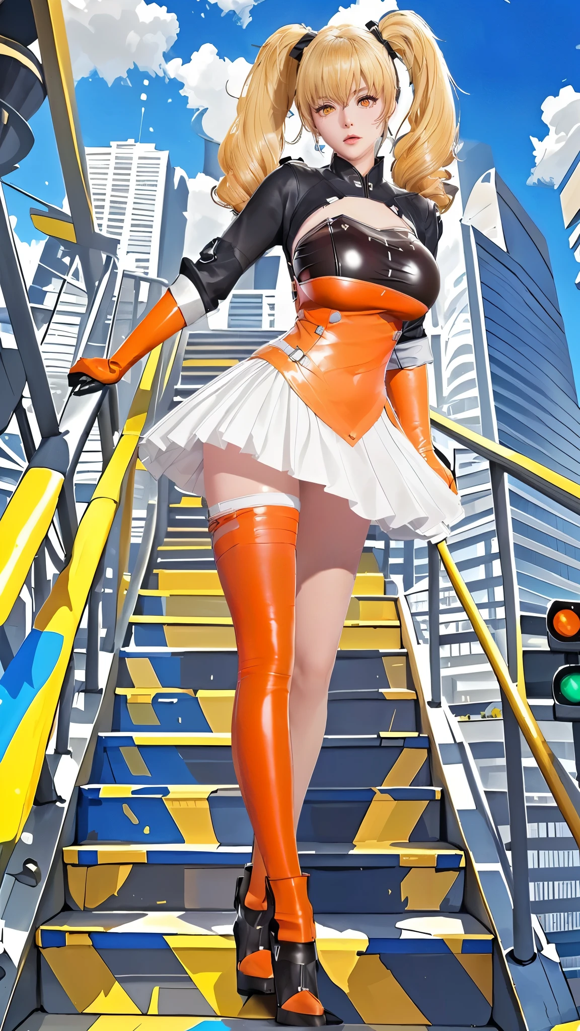 (（（figure，御姐figure,White and tender skin,（（（FenNib , long_sleeves_skirt, red_single_thighhigh, thigh_holster, elbow_gloves, strap, ）））,(（（twintails, Blonde_hair, orange_eyes,））),，((masterpiece)), highres icon,((Best quality at best)),masterpiece,quality,Best quality,(（（  is open to the audience，Light in the eyes）））， huge ， The center of the picture is a girl ，， She is falling from a staircase 。 My dress is flying in the wind ， The right side of the image 。 The staircase is a metal structure ，Handrail Yes ， The overall atmosphere of the stairs 。 There is a sign on the left side of the stairs ，（（（ There are blue warning stripes on the steps {x} although it's like this The scene looked unusual {x} In the background, you can see an inverted modern city skyline，High-rise buildings stand in a row， The sky shows a blue and white gradient ， looking at the city from a high altitude 。））） There is a traffic light on the right side of the image ， seemed to capture a moment of thrilling ， but adds to the surrealism 。
 The overall atmosphere of the stairs is full of movement and tension ， 。）））