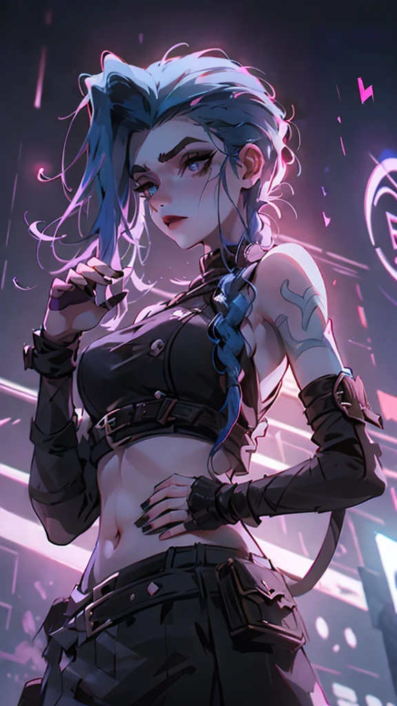 Jinx, Arcane, Blue hair, Cloud tattoo, Fleshy thighs, Instagram pose, Show armpits, Dynamic angle, Nipples, Simetall, A cup, Menacing expression, (entire body image:1.5), ((8K, Best quality, A high resolution:1.35)), (RAW photo:1.2), (Photorealsitic:1.37), (Masterpiece: 1.25), perspired: 0.2, Dramatic lighting, photon maping, Radio City, symmetry, Complexity, Elegance, ((1 girl)), (Long eyelashes), detailed eyelashes, eye shadows, Glowing violet eyes, Natural makeup, Clear facial features, curvy build, (Leather crop top), (Showing stomach), (Fine detailed beautiful eyes: 1.2), Bad girl, Erotic, (((Night City, Night)))