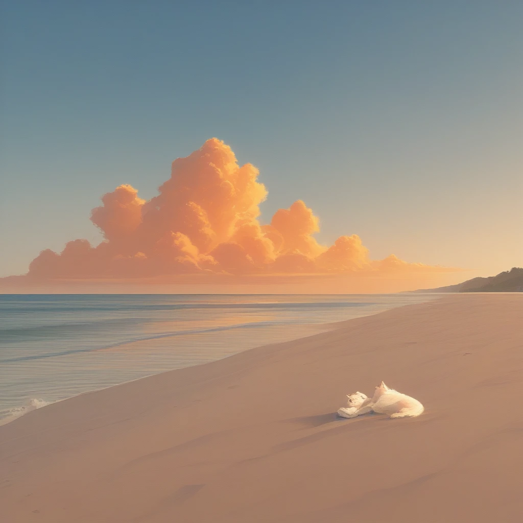 Ghibli anime style, a serene white cat lying on its back with a gentle and relaxed expression, gazing peacefully at the horizon. The background features a tranquil beach with soft, golden sand and a vibrant sunrise, showcasing warm hues of orange, pink, and yellow blending into the sky. Gentle waves roll onto the shore, adding a calm and dreamy atmosphere to the scene. The focus is on the harmony between the cat and the natural beauty of the beach at sunrise.