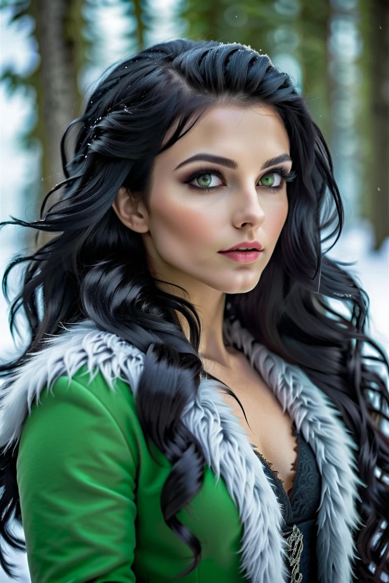 Half profile of an elf woman, wearing fur winter clothes, black wavy hair, light green eyes, winter snowy background