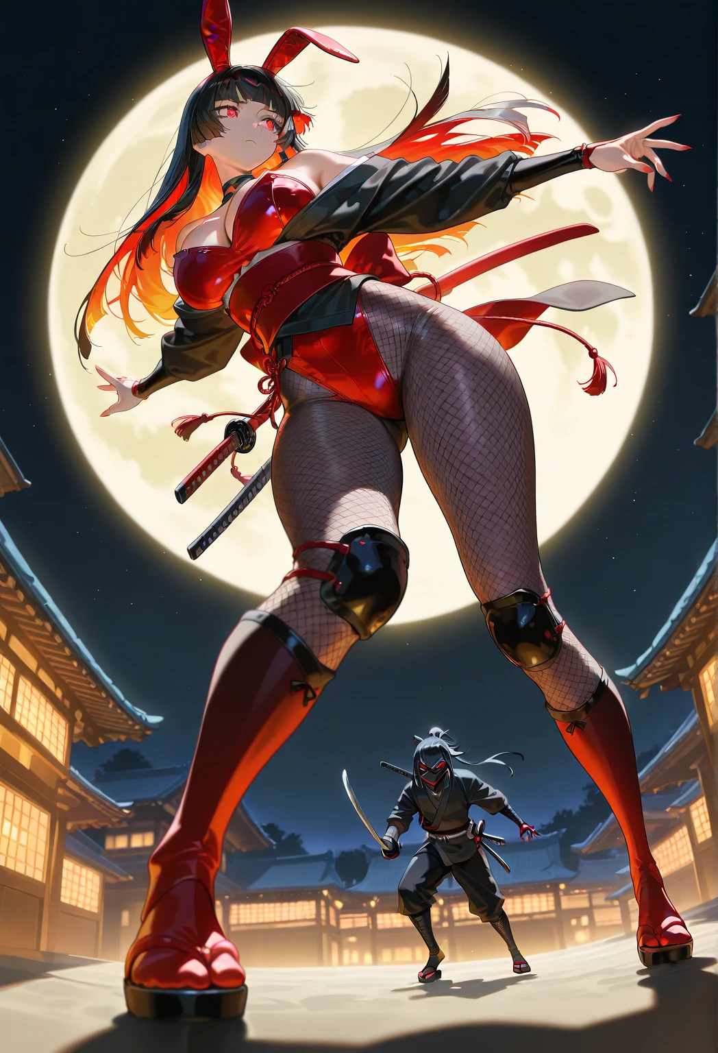 masterpiece), best quality, newest, highres, absurdres, ultra detail, extremely detailed, official art, rich colors, sharp contrast, detailed shading, perfect anatomy, good hands, solo, 1girl,large breasts,red eyes, (kunoichi), bare shoulder, sleeve less, thighs, thighhighs, japanese clothes, kimono, sash, obi, fishnets, ninja, black kimono,(bunnysuit,red leotard), confident,dominant, serious, sharp eyes, large breasts, big thighs, fishnet pantyhose, round ass, ,real bunny ears ,real bunny tail,sheathed katana,weilding fire katana,hime cut,black hair expressive pose, full body , closeup, dynamic view, dynamic action,from below , old japanese village, night, moon