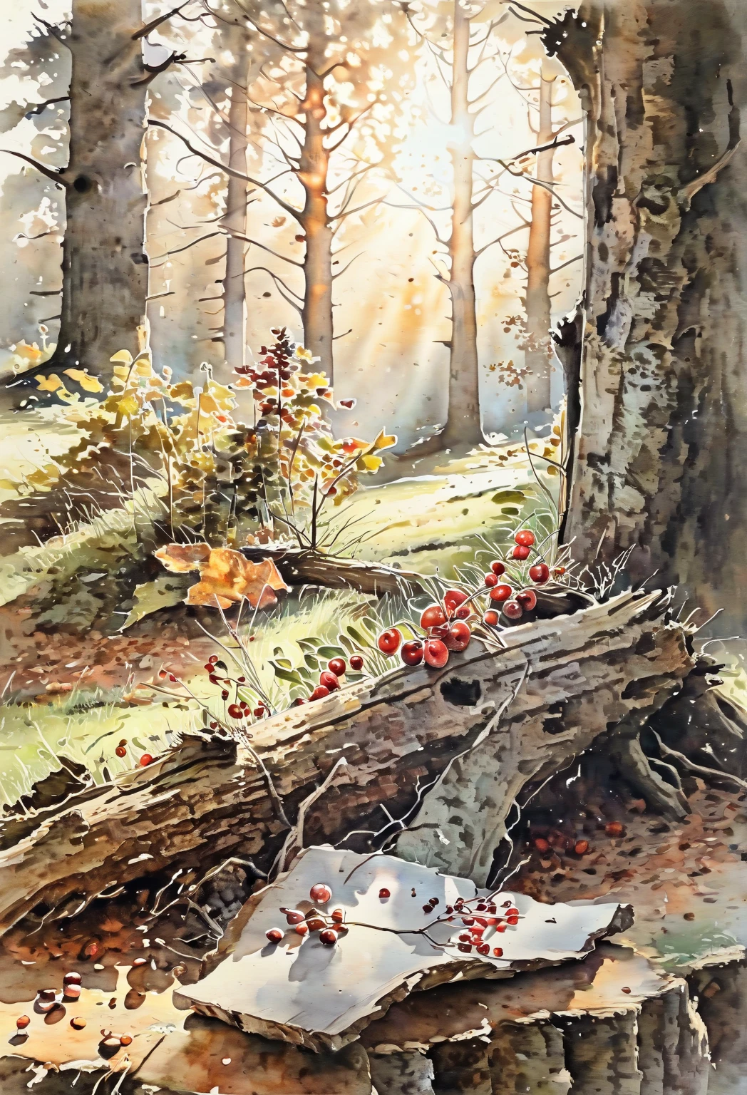 realistic watercolor, hyperrealism, detailed drawing, forest, autumn, light through tree branches, sun rays, old stump, flowers grow on it, cranberries in the foreground, beautiful, academic drawing, hyper detail, soft light
