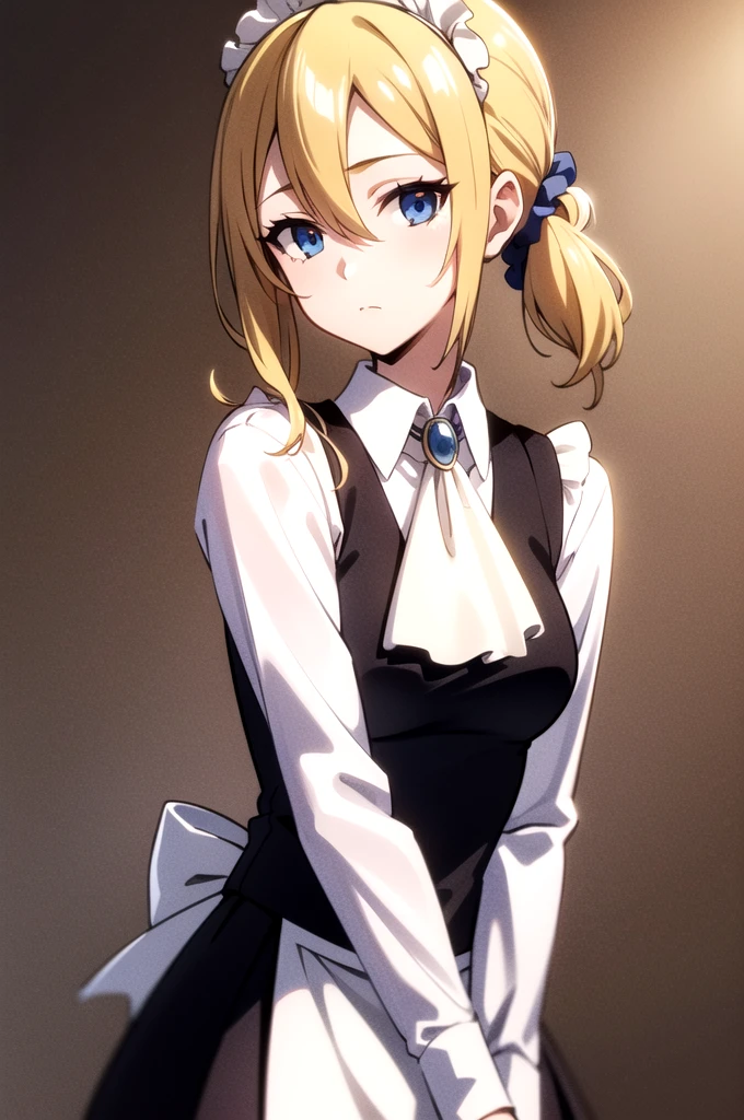 tall body, tall, long legs, mature female, mature, adult
 Hayasaka_LIW, 1girl, hayasaka ai, blue scrunchie, solo, blonde hair, blue eyes, hair scrunchie, scrunchie, hair between eyes, hair ornament, shirt, side ponytail, white shirt, closed mouth, bangs, collared shirt, white ascot, upper body, school uniform, brown background, vest, ascot,, black vest, jewelry, shuuchiin academy school uniform, sidelocks, brooch, expressionless, gradient background, maid, gradient, looking at viewer