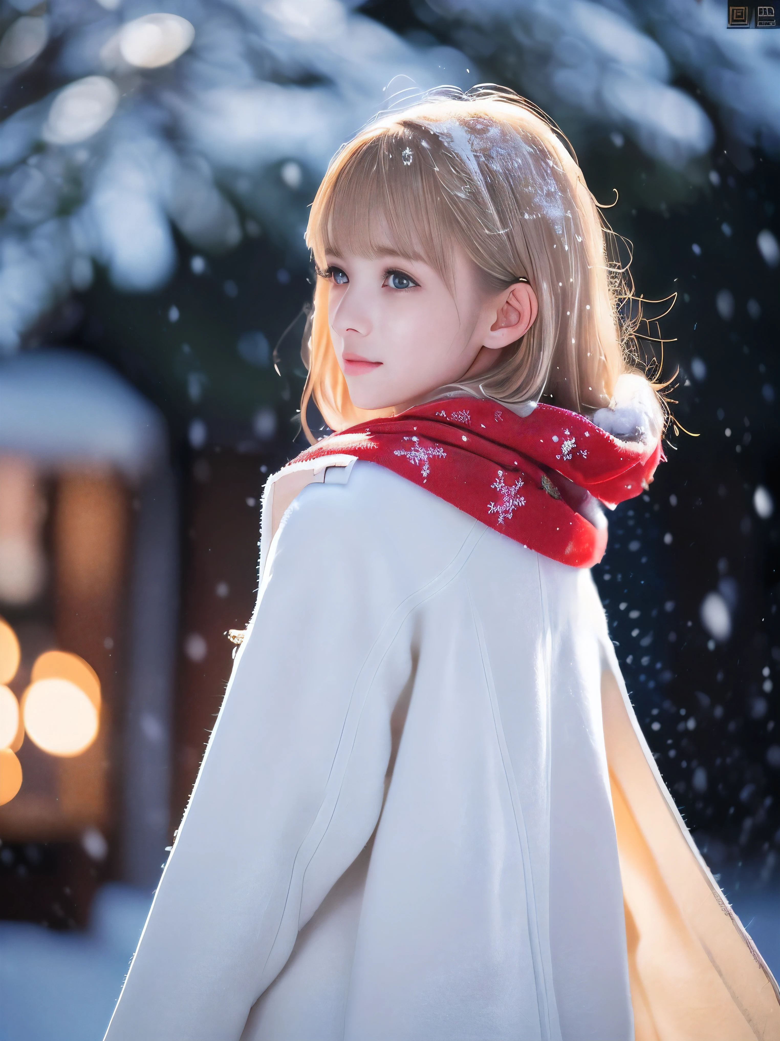 (Close-up face shot of one slender small breasts half up blonde long hair with bangs girl in a winter white long coat and red scarf:1.5)、(One blonde hair girl is looking back with crying face:1.5)、(Very beautiful Christmas illumination night:1.5)、(Heavy snowing night:1.5)、(blurred background:1.5)、(Natural light:1.5)、(8k ultra detailed master piece:1.5)、(perfect anatomy:1.5)、(Photorealistic stick:1.5)、(Raw photo:1.3)、(highest quality:1.5)、(High resolution:1.3)、(Delicate and beautiful perfect face:1.3)、(Delicate and beautiful eye air skin:1.3)、(Real Human Skin:1.3)、((thin legs))