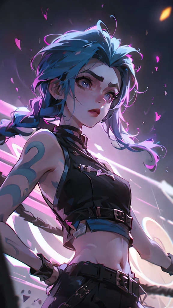 Jinx, Arcane, Blue hair, Cloud tattoo, Fleshy thighs, Instagram pose, Show armpits, Dynamic angle, Nipples, Simetall, A cup, Menacing expression, (entire body image:1.5), ((8K, Best quality, A high resolution:1.35)), (RAW photo:1.2), (Photorealsitic:1.37), (Masterpiece: 1.25), perspired: 0.2, Dramatic lighting, photon maping, Radio City, symmetry, Complexity, Elegance, ((1 girl)), (Long eyelashes), detailed eyelashes, eye shadows, Glowing violet eyes, Natural makeup, Clear facial features, curvy build, (Leather crop top), (Showing stomach), (Fine detailed beautiful eyes: 1.2), Bad girl, Erotic, (((Night City, Night)))