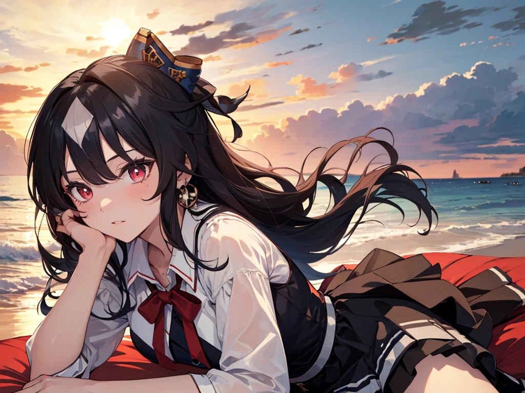 Solo, 1 girl, (human ears, earrings), (red eyes, young face, figure, flat chest), (black hair, vertical rolls, long hair, hair tied in a big red ribbon, flower in bangs), (yandere expression), (laying face on air mattress, hands on head, looking at camera), (black casual dress with ruffled sleeves, black skirt with ruffled skirt), (sunset sky, sunset sun, evening sky, beachside), (focus on chest, oblique angle), (high resolution, masterpiece, accurate, anatomically correct, multiple awards, top quality, detailed, high quality model, high quality, retina, highly detailed, textured skin, ultra high resolution).