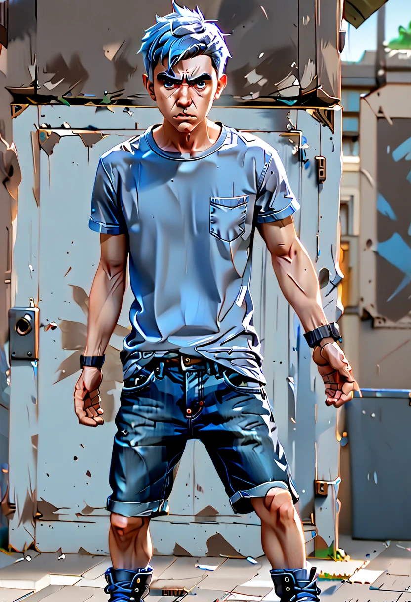 man with brown eyes, gray t-shirt, jeans, boots, angry expression, blue pixie cut hair, light blue eyes, graphic t-shirt, black shorts, confused expression, looking ahead, anime art, cartoon style, (best quality,4k,8k,highres,masterpiece:1.2),ultra-detailed,(realistic,photorealistic,photo-realistic:1.37),illustration,digital painting,sharp focus,vivid colors