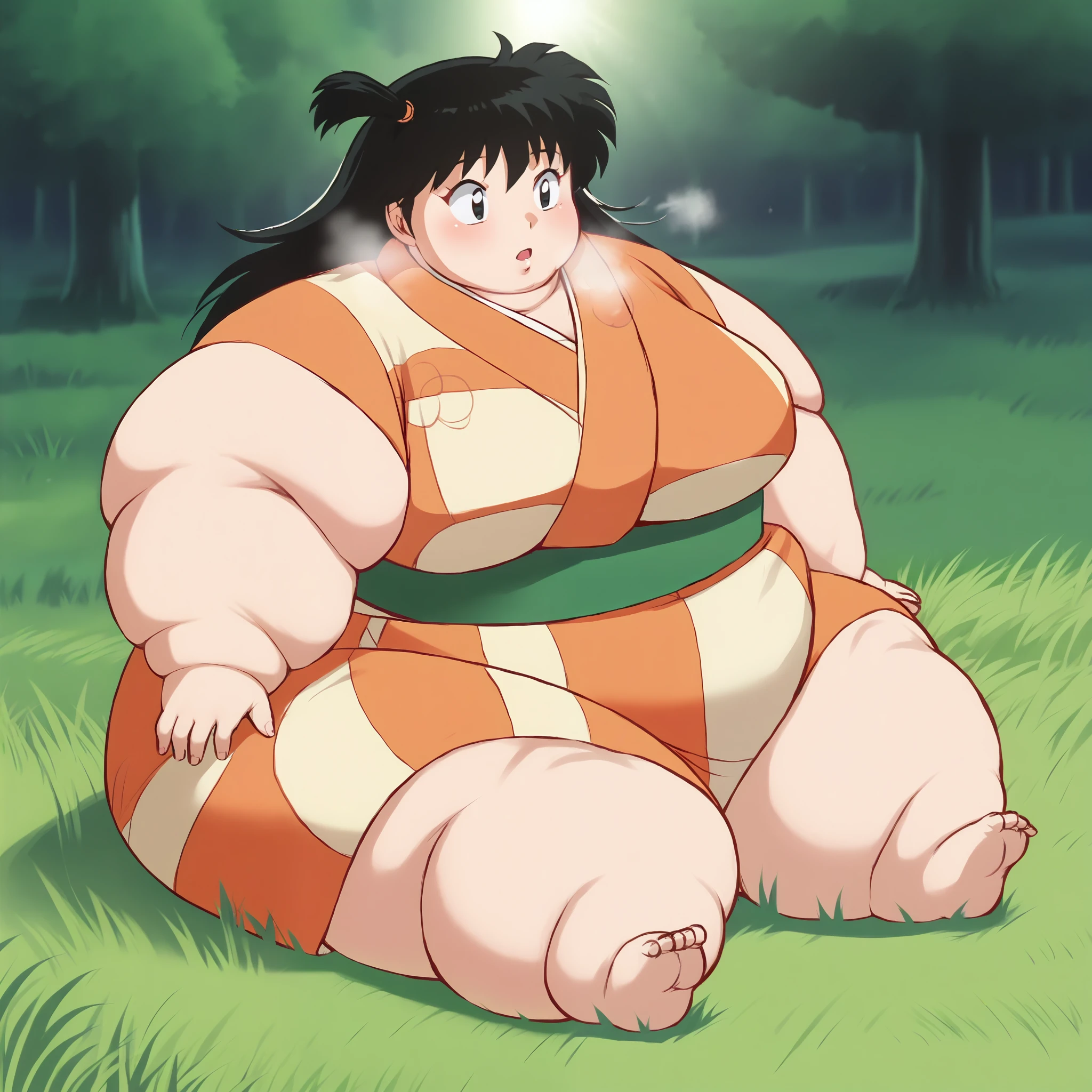 score_9, solo, rin_inuyasha, black hair, long hair, side ponytail, kimono, cute, sitting, grass, tree, natural lighting fat, chubby, obese, gigantic arms and legs, large breasts open mouth, out of breath