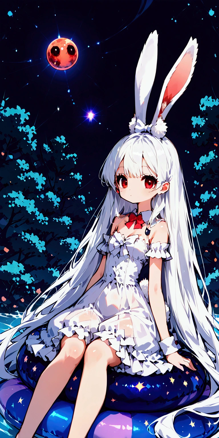 solo,1girl\((chibi:1.3),cute,kawaii,(white hair:1.7),(very long hair:1.7),bangs,(ear\(fluffy white bunny-ear\):1.4),(red eye),big eye,beautiful shiny eye,skin color white,big hairbow,(white frilled dress:1.3),breast,white rabbit tail at hip,(sit on (bubble:1.3)\(huge,gigantic,beautiful,shining in vivid cosmic color,,(transparent:1.3),(float in sky:1.4)\):1.5)\)  . BREAK .background\(night sky,stars, calescent-moon\).(from below),(longshot:1.3),(dynamic angle:1.2),landscape. score_9, score_8_up, score_7_up, score_6_up, score_5_up, score_4_up,source_anime, source_furry,rating_safe,close up girl,dynamic angle,dynamic angle, beautiful landscape,from below