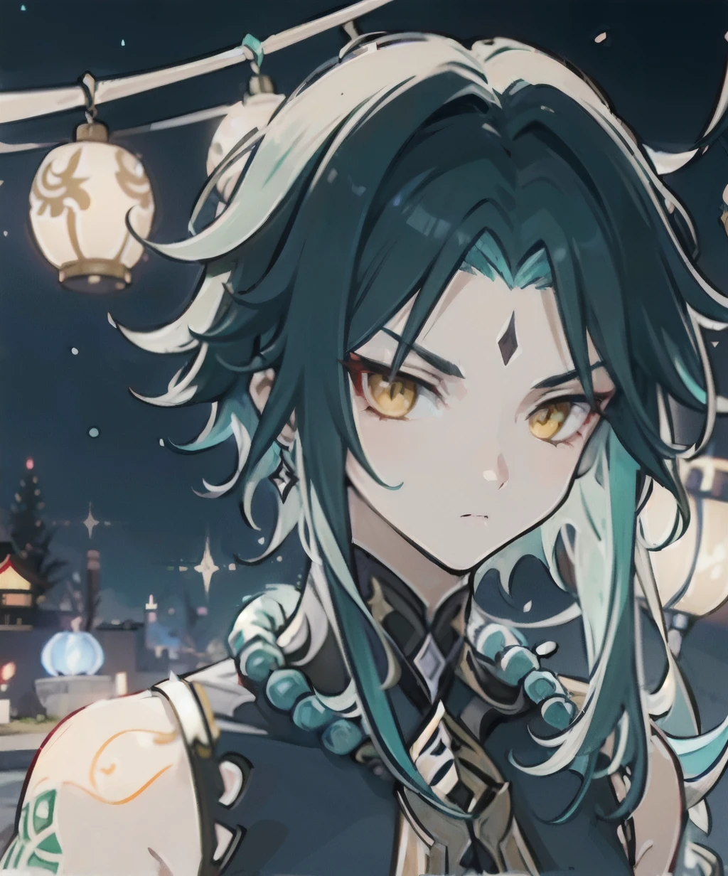 1boy,dark green hair,best quality,xiao,genshin impact,surrounded by lanterns,festive lanters,masterpiece,extremely,yellow eyes,male focus,beautiful eyes,holding weapon,serious face 