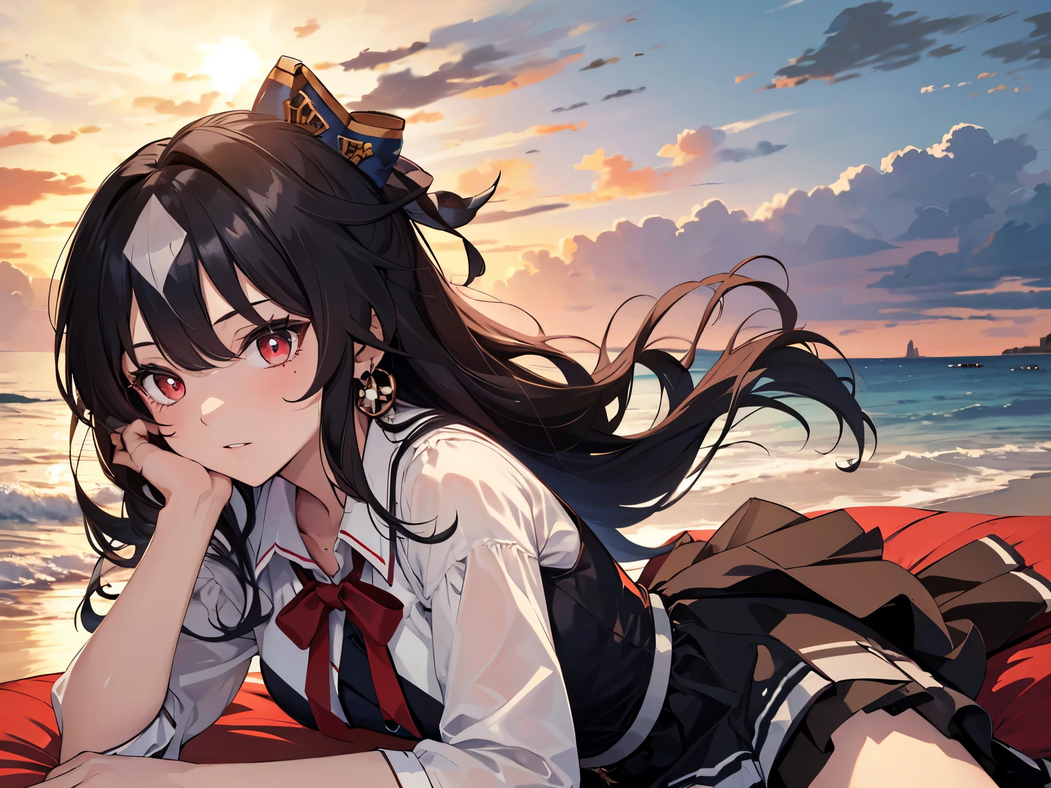 Solo, 1 girl, (human ears, earrings), (red eyes, young face, figure, flat chest), (black hair, vertical rolls, long hair, hair tied in a big red ribbon, flower in bangs), (yandere expression), (laying face on air mattress, hands on head, looking at camera), (black casual dress with ruffled sleeves, black skirt with ruffled skirt), (sunset sky, sunset sun, evening sky, beachside), (focus on chest, oblique angle), (high resolution, masterpiece, accurate, anatomically correct, multiple awards, top quality, detailed, high quality model, high quality, retina, highly detailed, textured skin, ultra high resolution).