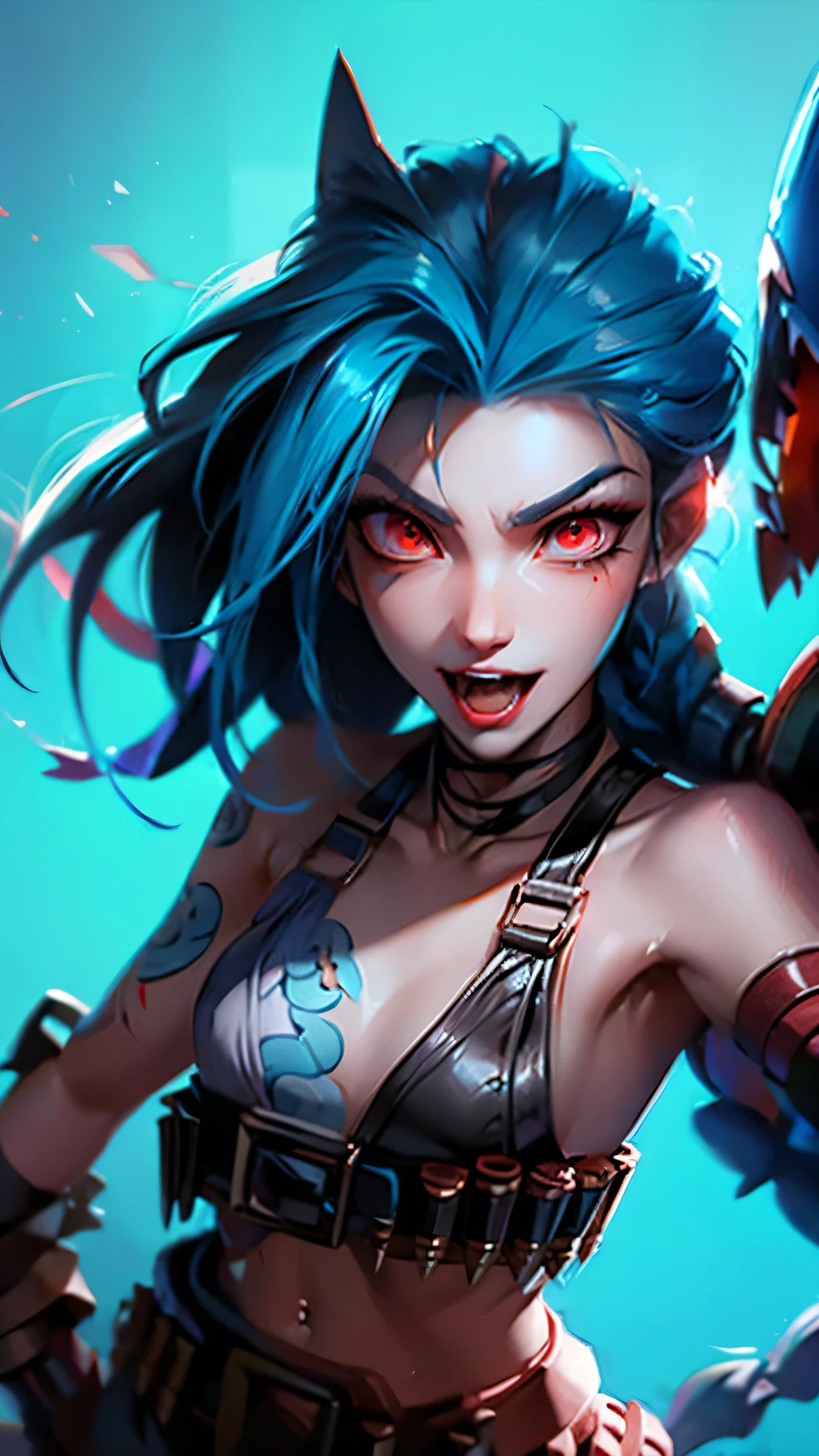 Jinx，shark rocket，Fierce eyes， red eyes，Ferocious face