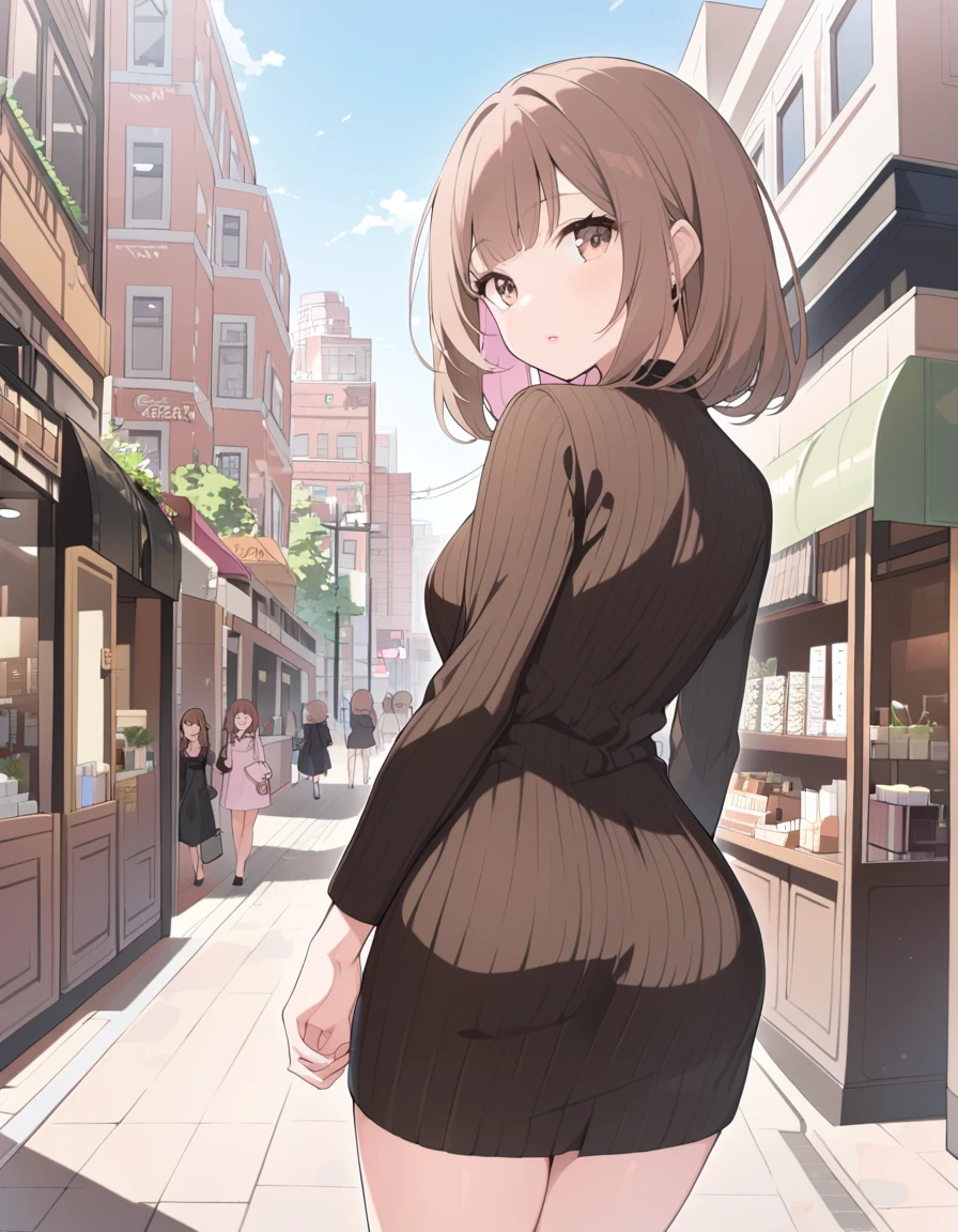 1 adult female、35-year-old woman、Huge breasts:1.5、sagging breast:1.5、Brown Hair、Light red eyes、Wavy Hair、Bobcut、living、milf、off-shoulder sweater、potbelly、Worried brow、smile、mole under eye、Gorgeous Mom、Black tight skirt、Walking elegantly through the city